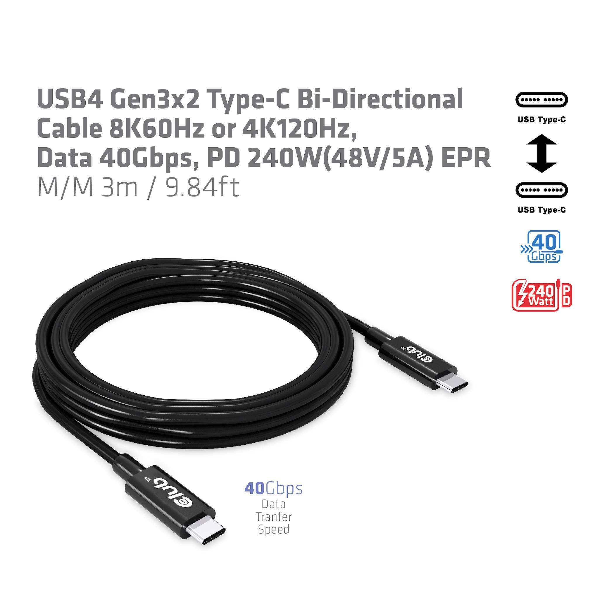 'Kabel USB4 Gen3x2 Type-C, 3m, obsługujący 8K/4K, transfer danych 40Gbps, 240W PD. Czarny kabel z złączami USB-C.'