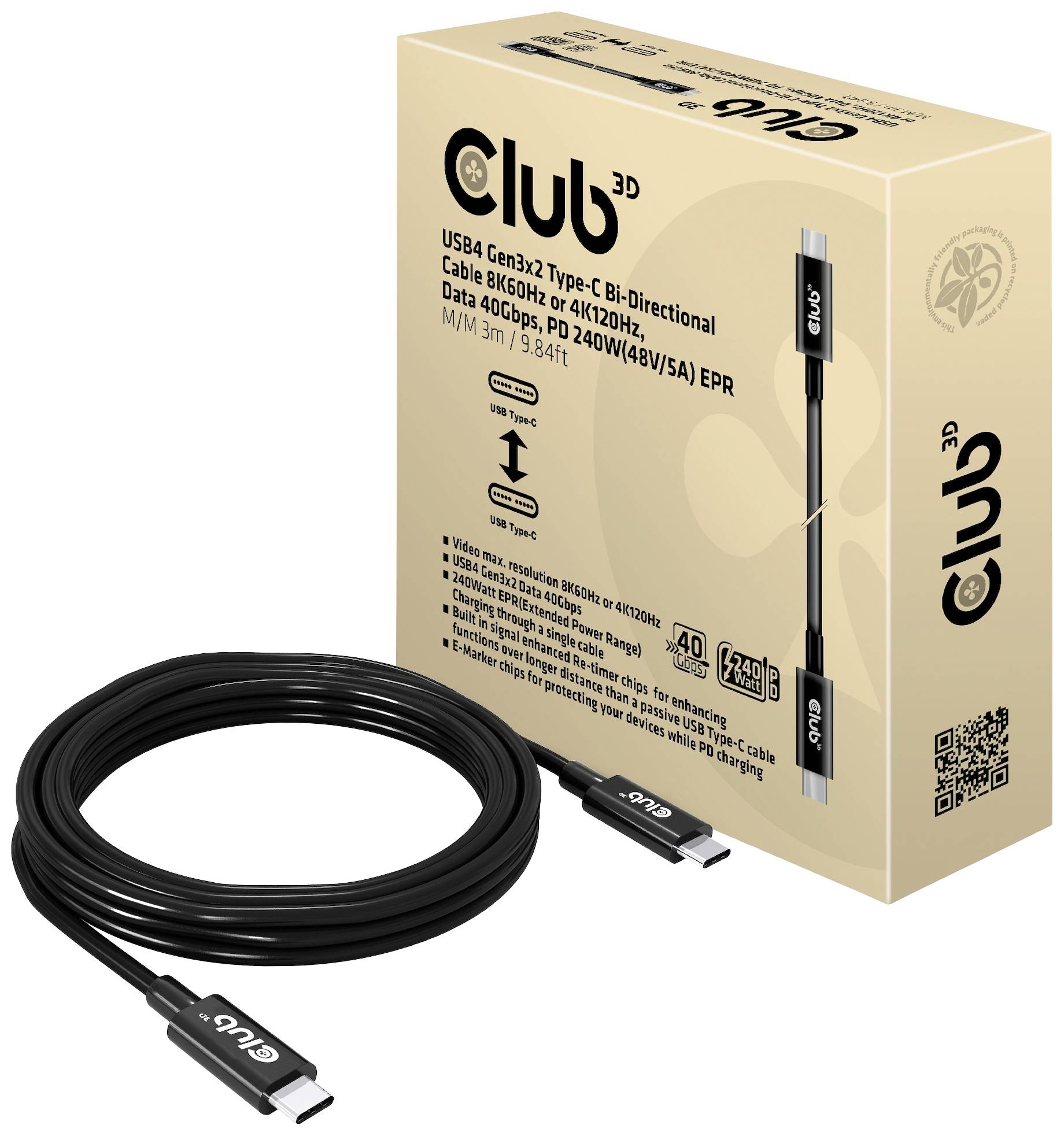 Kabel USB4 firmy Club3D obok opakowania. Kabel obsługuje rozdzielczość 8K 60Hz, przepustowość danych 40 Gb/s i moc 240 W.