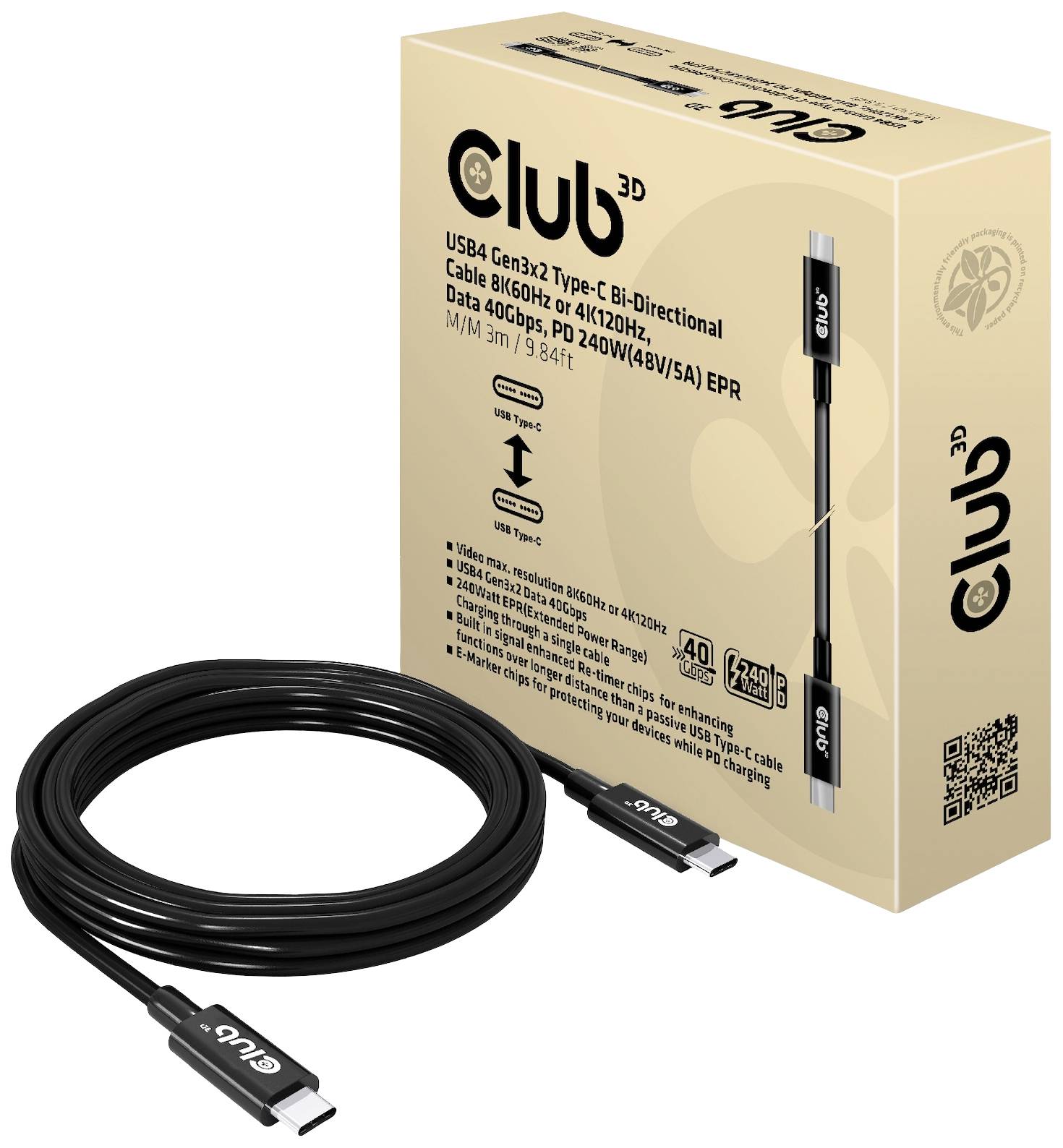 Kabel USB4 Gen3x2 Typ-C, dwukierunkowy, długość 3 m. Obsługuje 8K60Hz, 240W PD, transmisję danych 40 Gb/s. Opakowanie prezentuje szczegóły kabla.