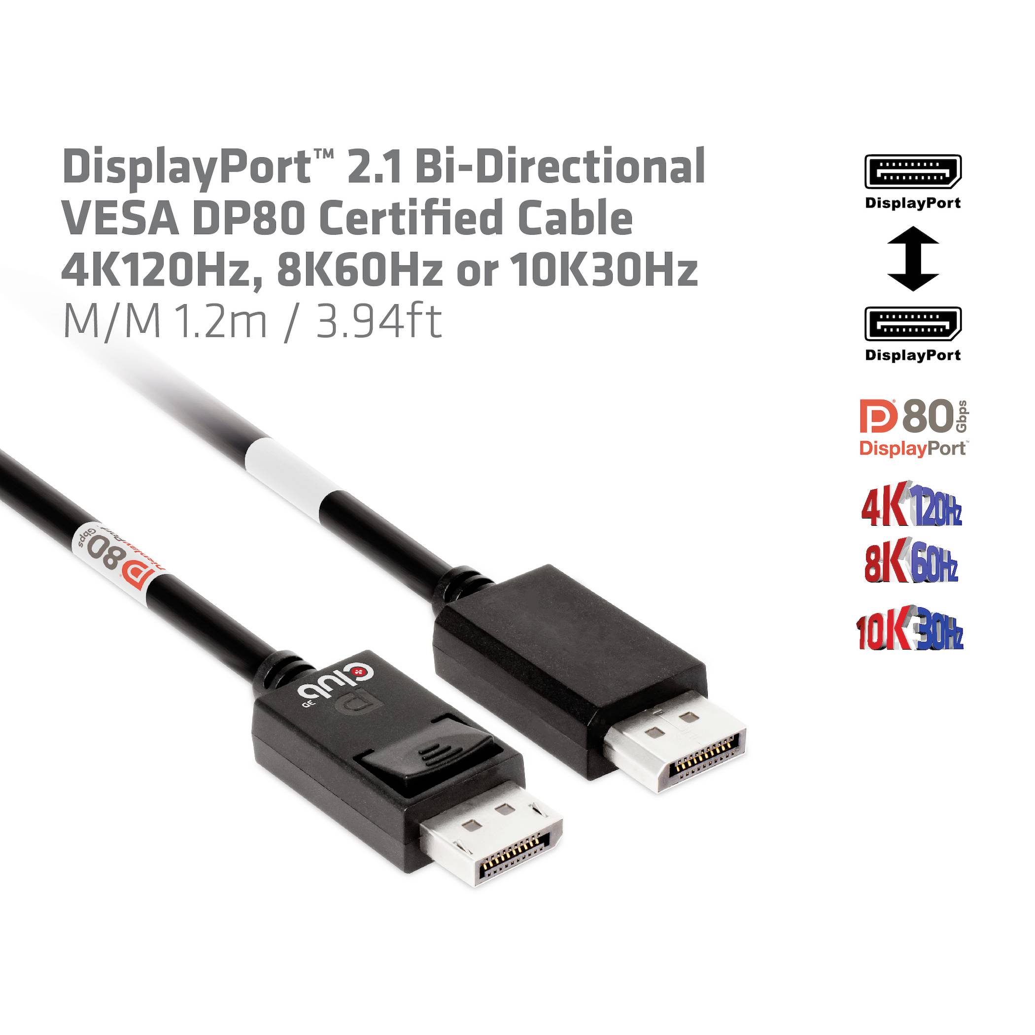 Czarne przewód DisplayPort 2.1 z certyfikatem VESA DP80. Obsługuje rozdzielczości 4K120Hz, 8K60Hz lub 10K30Hz. Długość: 1,2 m.
