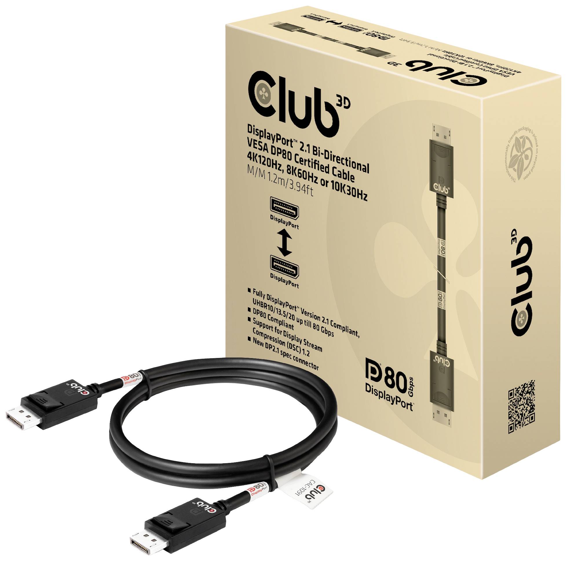 Kabel DisplayPort 2.1 firmy Club 3D w opakowaniu. Obsługuje rozdzielczości 8K/60Hz i 4K/120Hz. W zestawie przewód z wtyczkami po obu stronach.