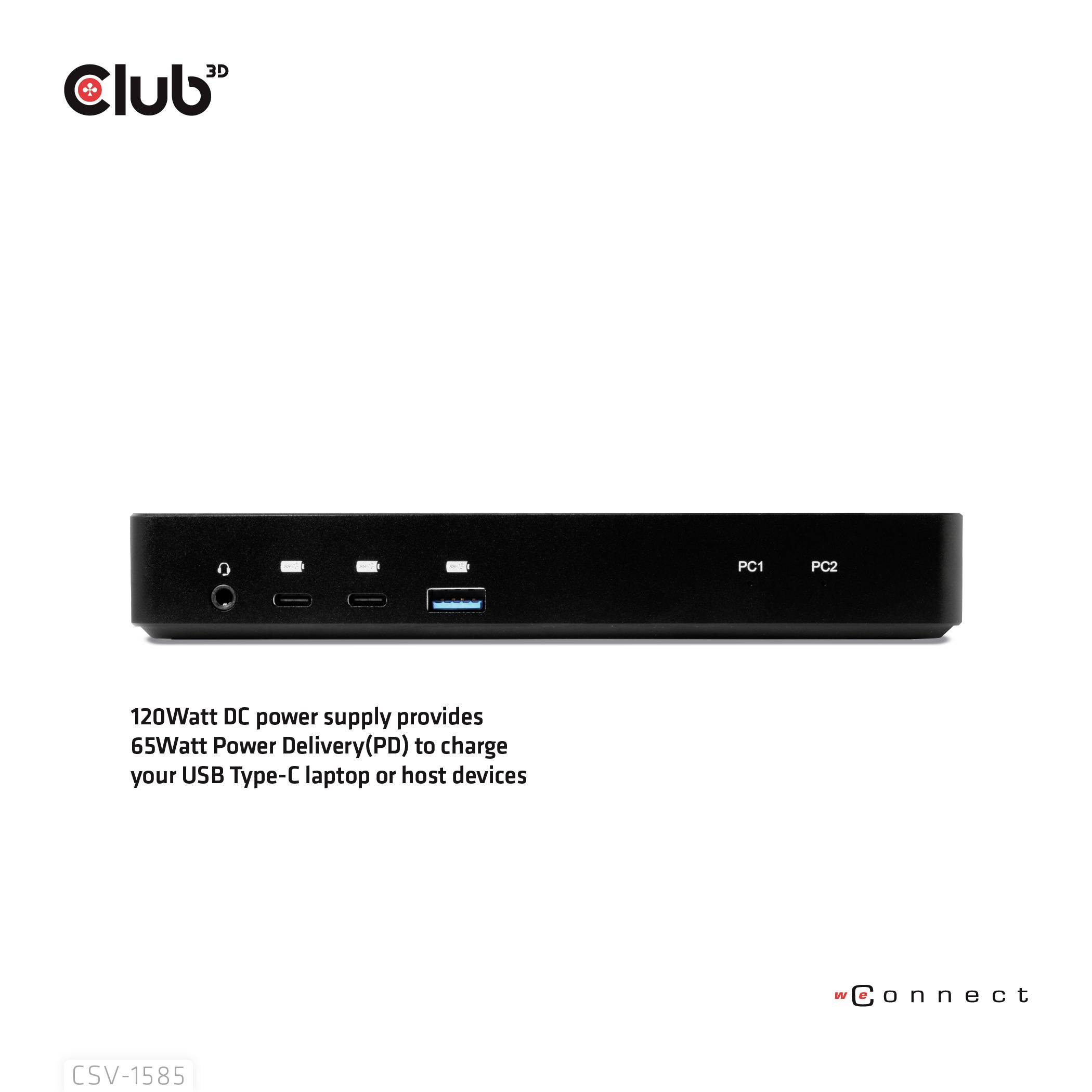 Stacja dokująca Club 3D: Z zasilaczem 120W DC i ładowaniem Power Delivery 65W do urządzeń z USB Type-C. Model CSV-1585.