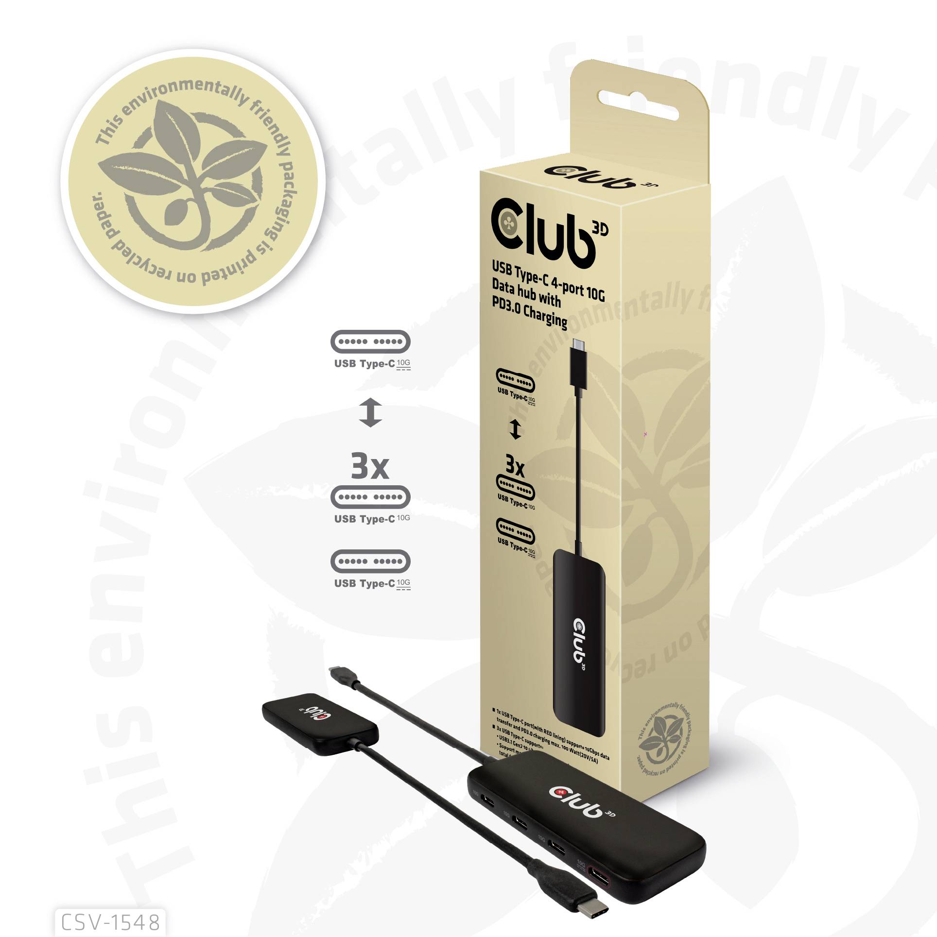 Hub USB-C firmy Club3D z 4 portami i funkcją ładowania PD 30W, przedstawiony wraz z opakowaniem. Podkreślono ekologiczny design.