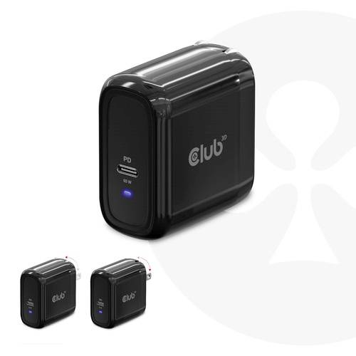 Czarna ładowarka z złączem USB-C, świecąca na niebiesko. Dwa mniejsze zdjęcia prezentują gniazdo. Nazwa marki 'Club 3D' widoczna.