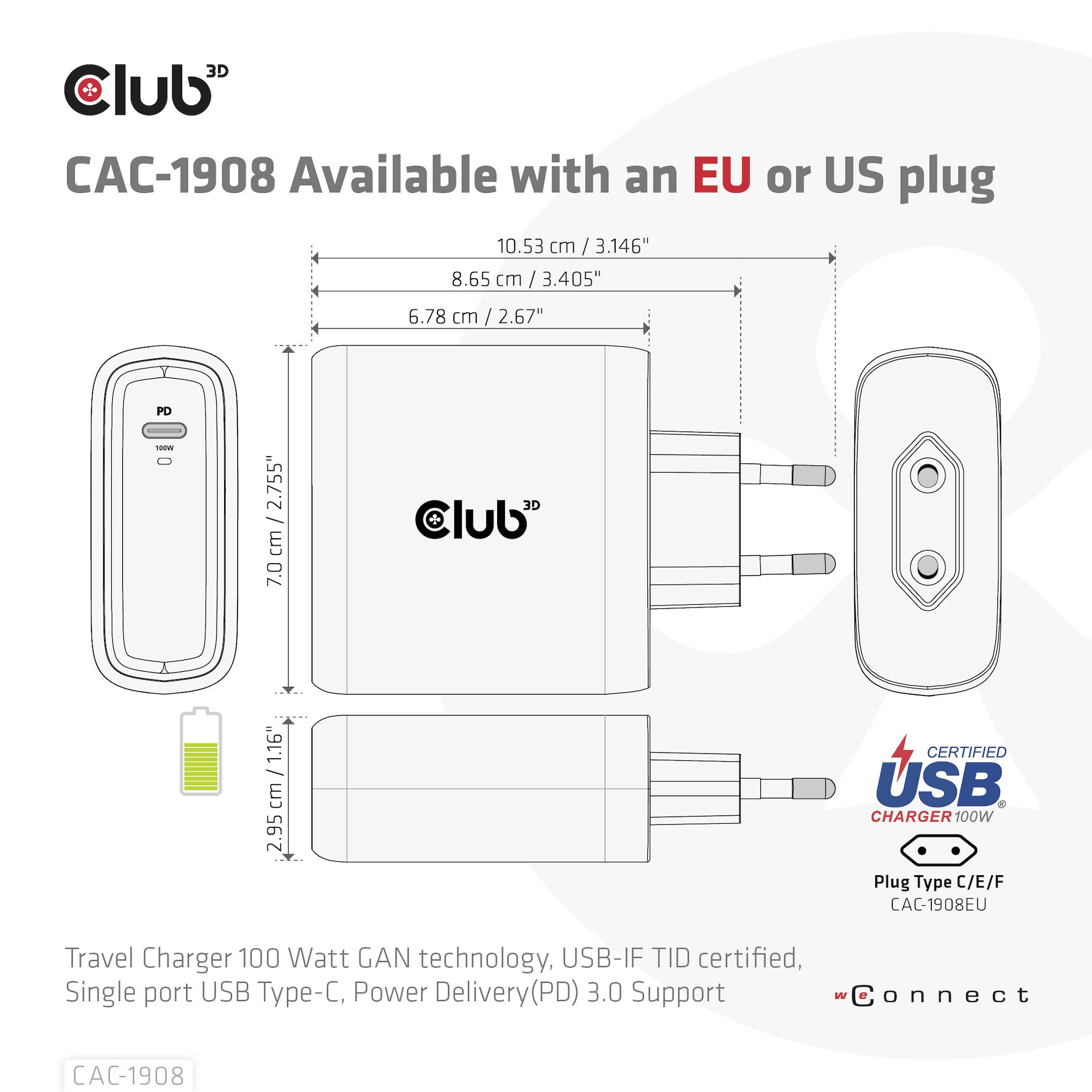 Ładowarka Club3D CAC-1908 z wtyczką EU lub US, certyfikowana przez USB-IF, obsługuje 100 watów, USB-C, Power Delivery 3.0.