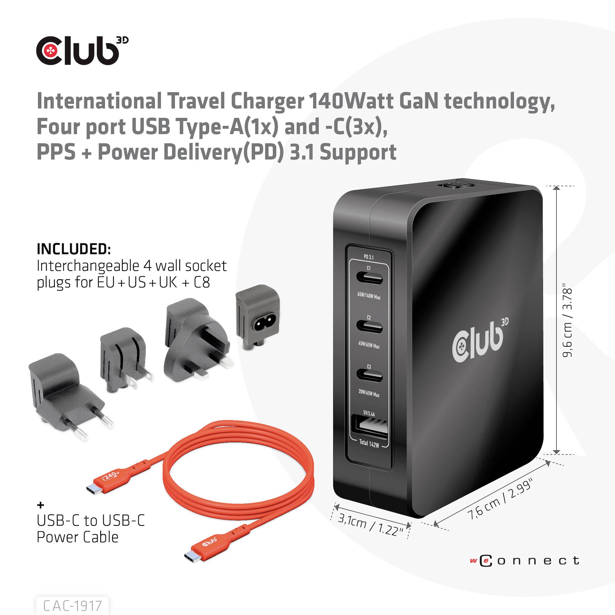 'Ładowarka o mocy 140 watów, z czterema portami USB, w tym USB-A i USB-C. Zawiera wymienne wtyczki do UE, Wielkiej Brytanii i USA.'
