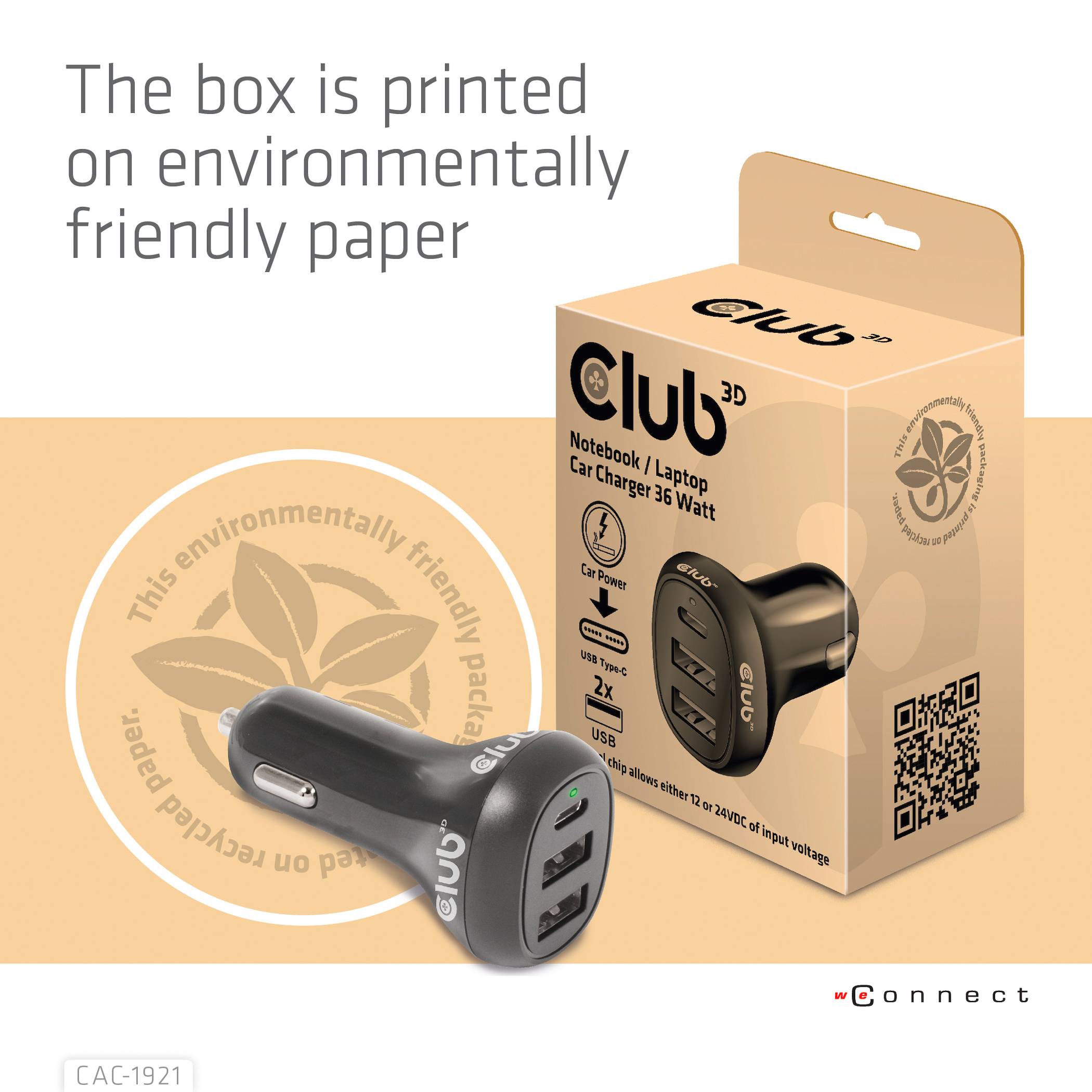 Ładowarka samochodowa do notebooka / laptopa 36 W w ekologicznym opakowaniu. Prezentuje ilustrację produktu i symbol zrównoważonego rozwoju.