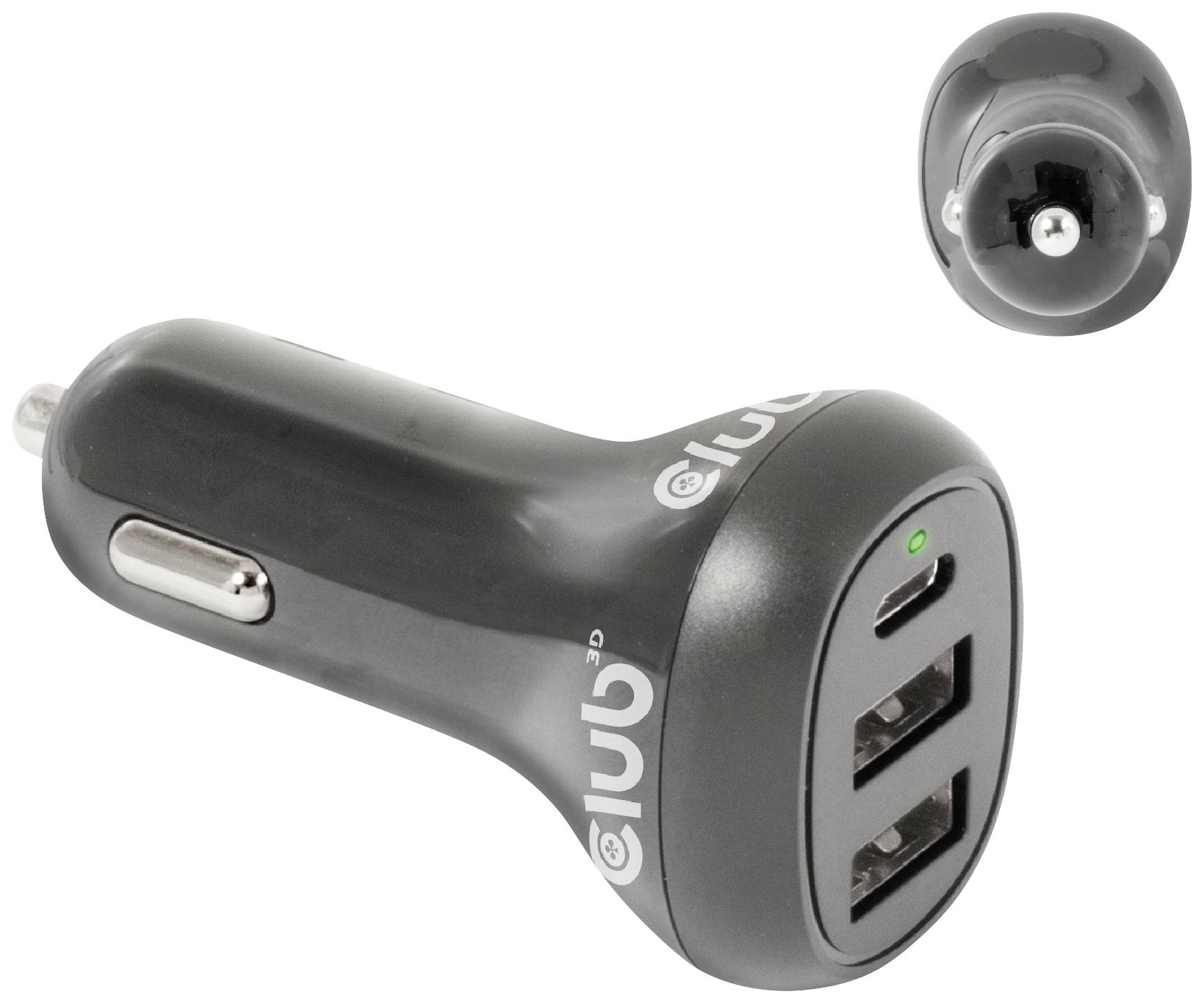 Ładowarka samochodowa z dwoma portami USB i jednym portem USB-C, w czarnej obudowie, odpowiednia do ładowania urządzeń mobilnych w samochodzie.