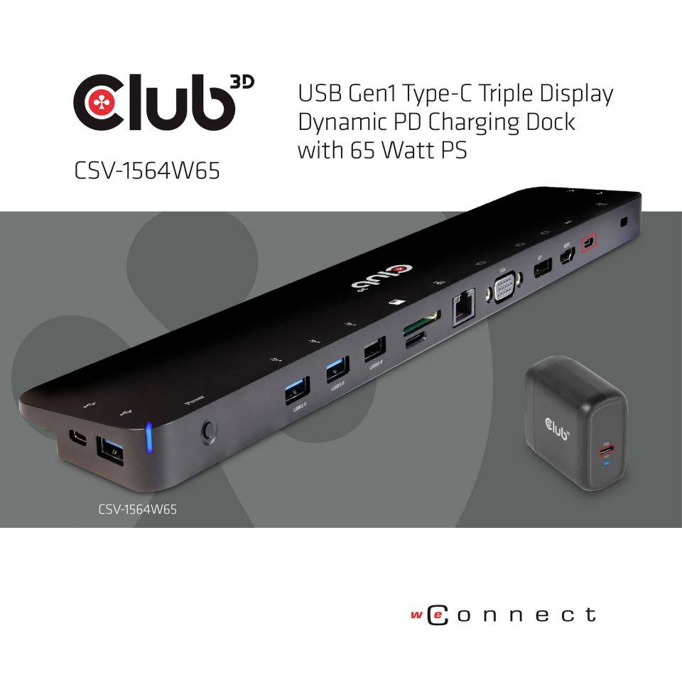 Stacja dokowa Club3D, model CSV-1564W65. USB Gen1 Type-C, trzy wyjścia wyświetlacza, ładowarka 65 W, wiele opcji podłączenia.