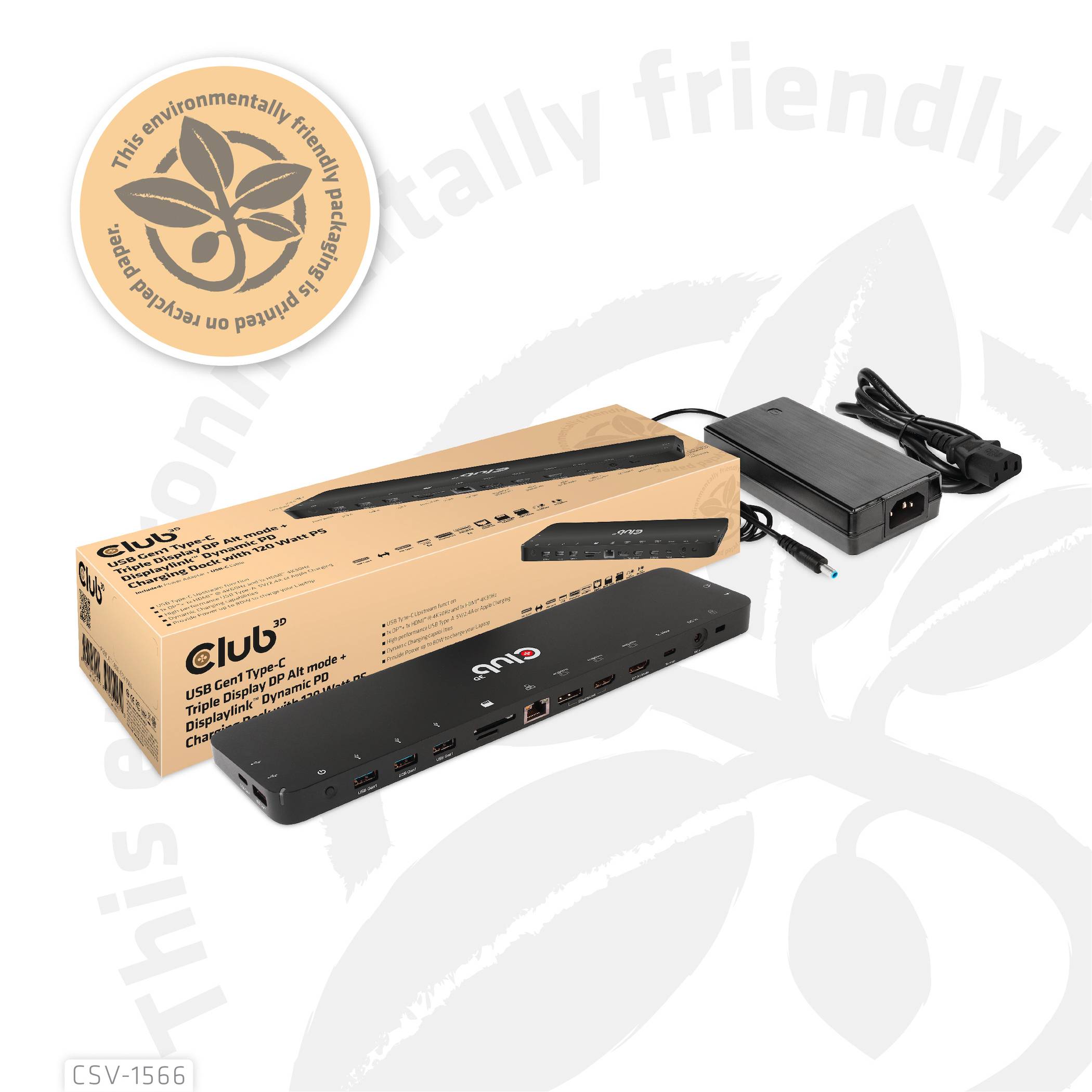 Stacja dokująca USB-C firmy Club3D, przedstawiona wraz z opakowaniem i zasilaczem. Posiada liczne złącza dla urządzeń peryferyjnych.