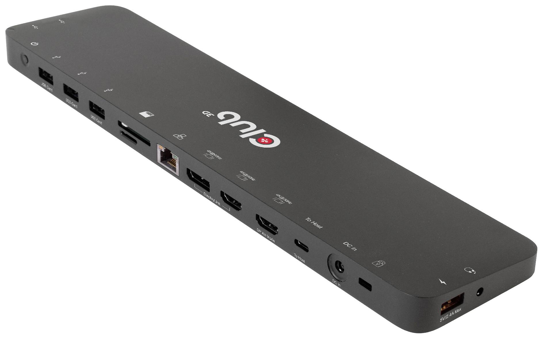 Czarny hub USB z różnymi złączami, w tym USB, HDMI i Ethernet. Urządzenie leży na białej powierzchni.