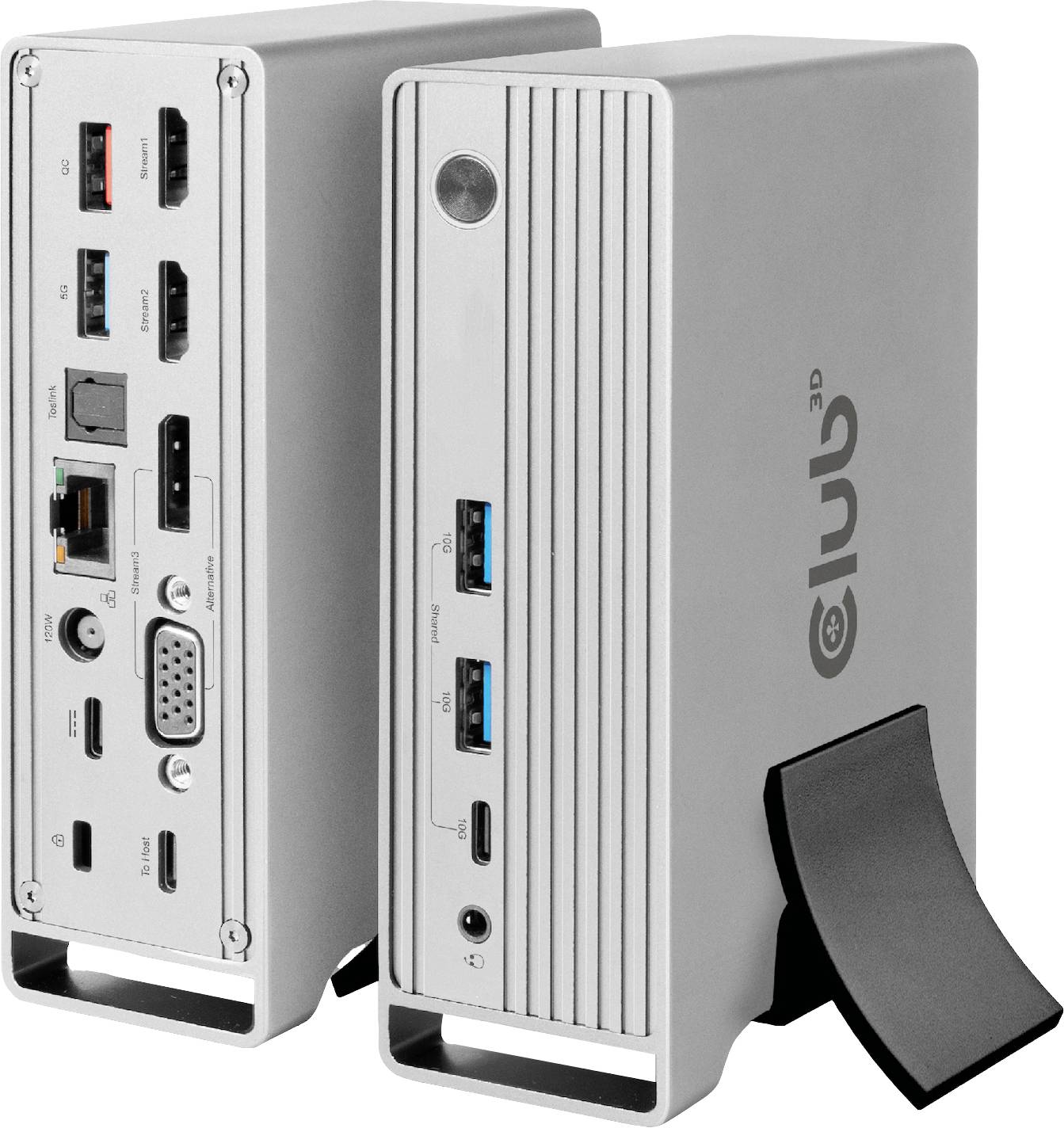 Dwie szare stacje dokujące do komputerów z wieloma portami, w tym USB, HDMI i Ethernet. Jedna stacja dokująca jest ustawiona pionowo, druga zaś prezentuje swoje złącza.