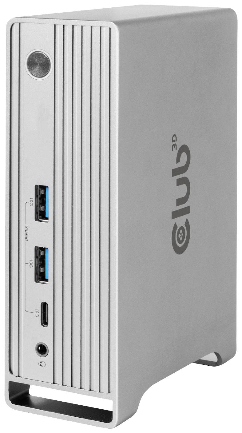 Srebrna zewnętrzna stacja dokująca z wieloma złączami USB i wejściem audio z przodu. Logo 'Club 3D' na boku.