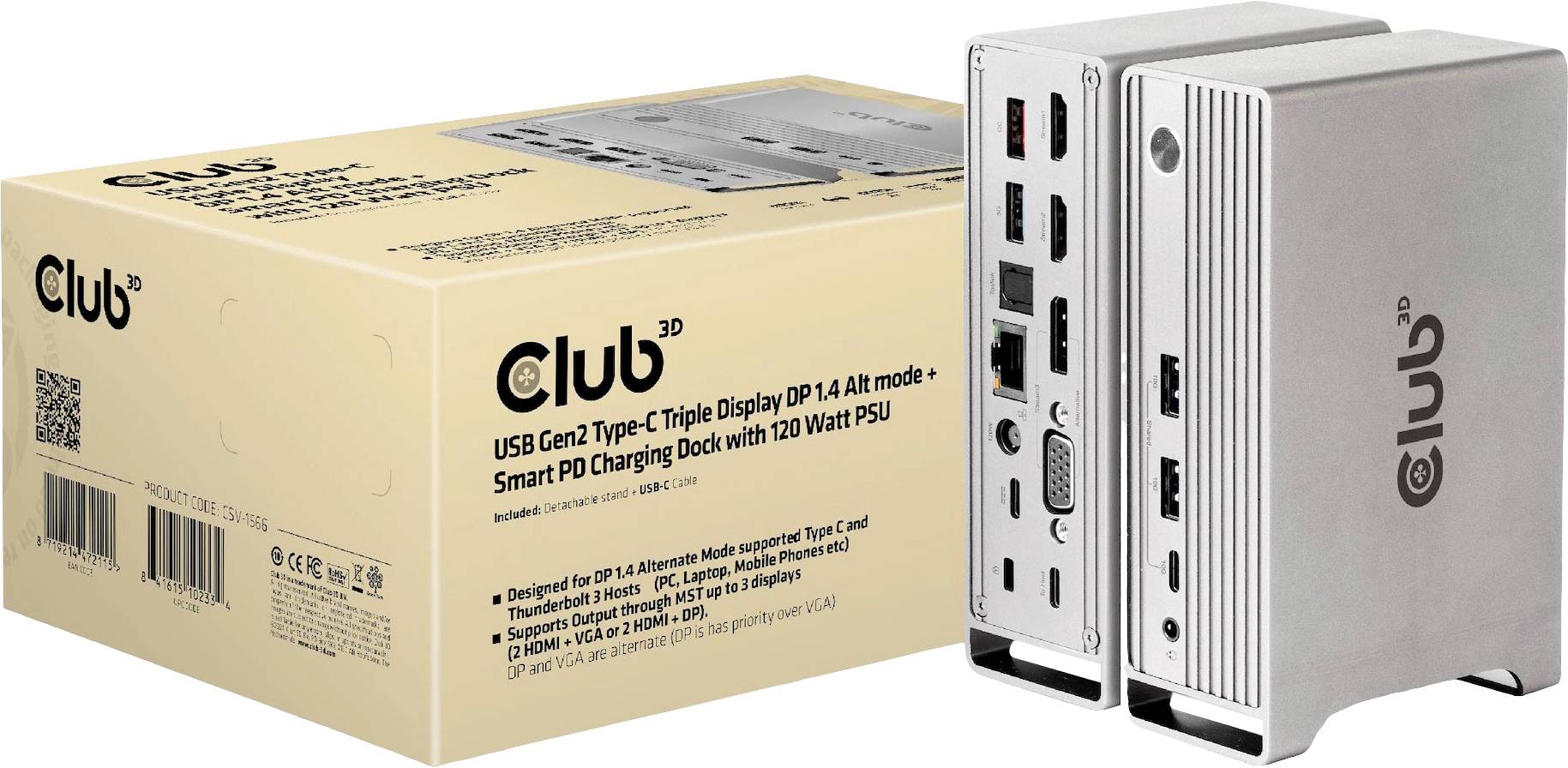 Dwie szare stacje dokujące USB-C stoją obok opakowania. Stacje posiadają wieloportowe złącza i obsługują podłączenie potrójnego wyświetlacza.