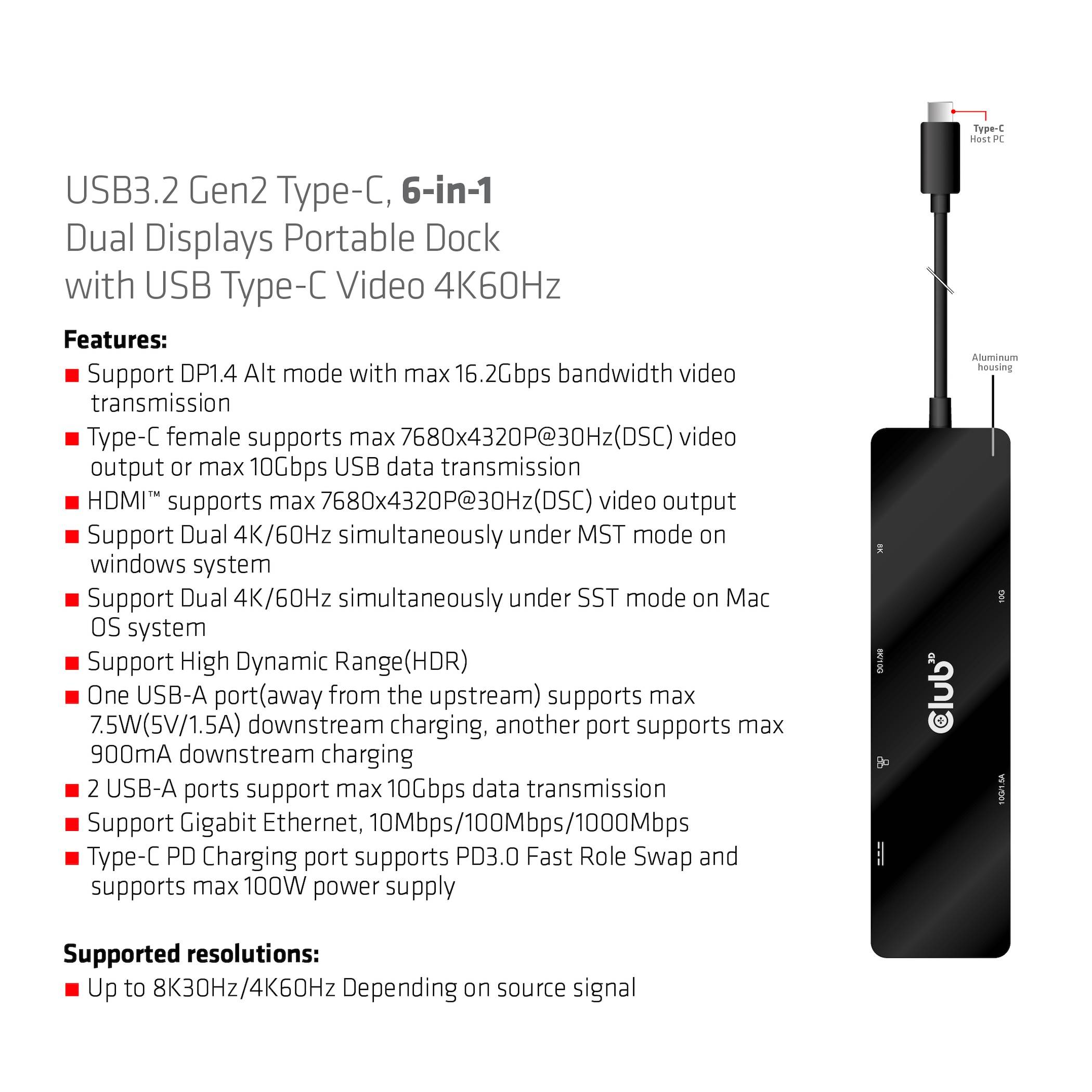 USB3.2 Gen2 Type-C, 6-w-1 Stacja dokująca z podwójnym wyświetlaczem z wyjściem wideo USB Type-C 4K60Hz. Obsługiwane funkcje: DP1.4, HDMI™, Audio, HDR, transfer danych 10 Gb/s. Obsługiwane systemy: Windows, Mac.