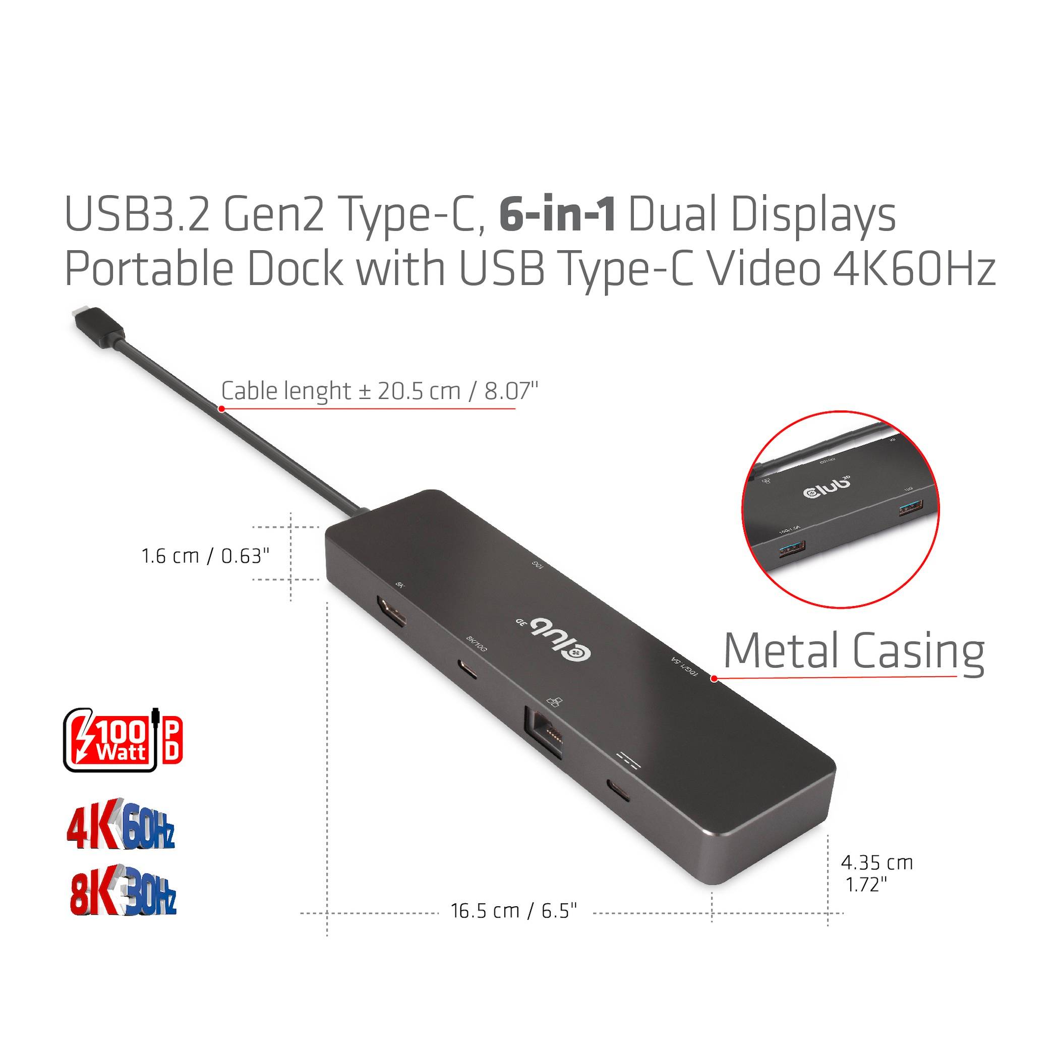 Stacja dokująca USB3.2 Gen2 Type-C, 6-w-1 do podwójnych wyświetlaczy z wideo USB Type-C 4K60Hz w metalowej obudowie. Złącza: HDMI, USB, Ethernet. Wymiary: 16,5 cm x 6 cm x 1,6 cm.