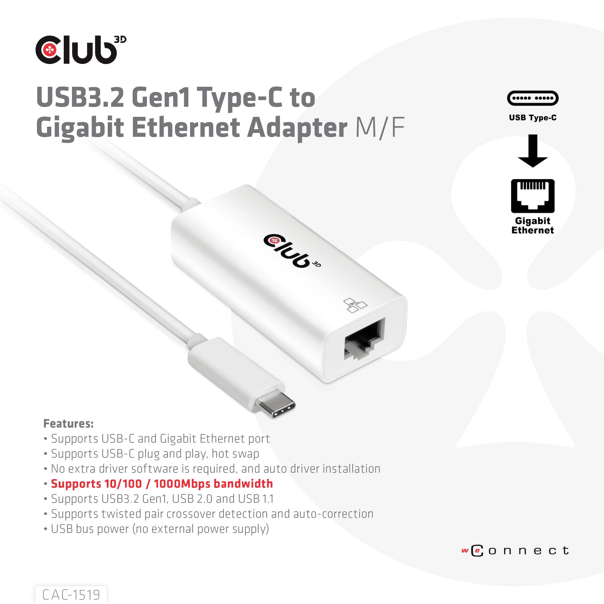 Adapter USB3.2 Gen1 Type-C na Gigabit Ethernet Club3D. Główne cechy: 10/100/1000 Mb/s, Plug & Play, kompatybilny z systemami Windows i macOS.