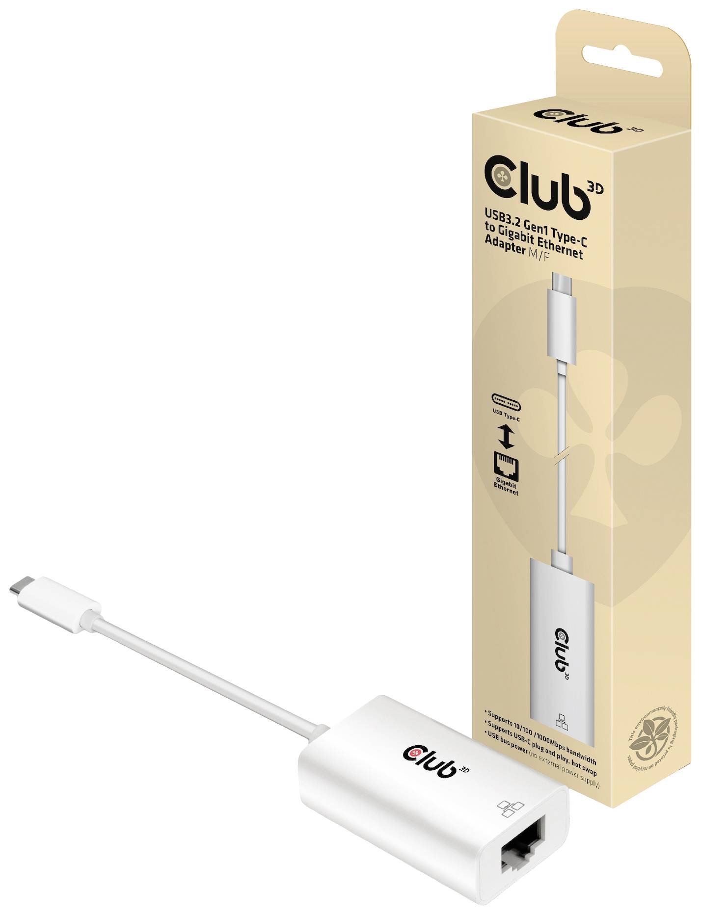 Biały adapter USB-C do Gigabit Ethernet obok opakowania z informacjami o produkcie i logo.