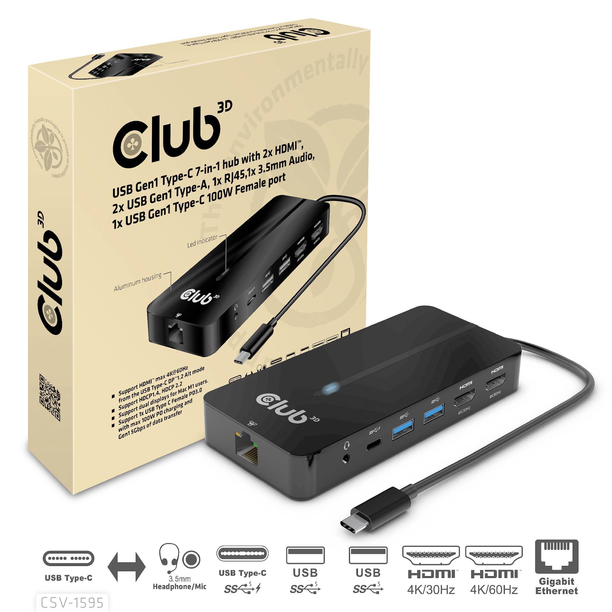 Koncentrator Club 3D USB-C z portami HDMI, USB, audio i Ethernet. Pudełko w tle prezentuje szczegóły produktu. Kabel na pierwszym planie.