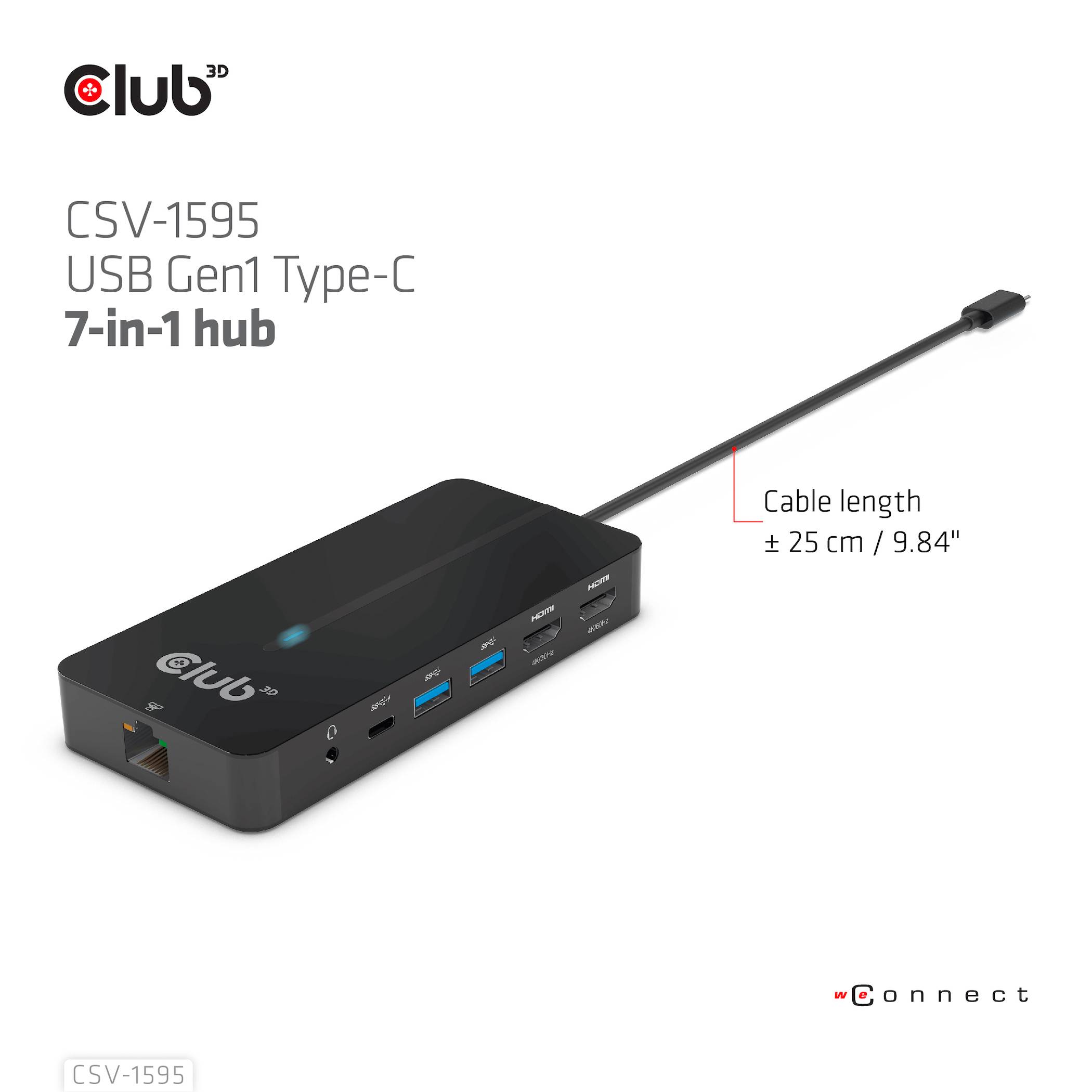 Przedstawiono 'CSV-1595 USB Gen1 Type-C 7-w-1 Hub' z różnymi portami przyłączeniowymi i kablem o długości 25 cm.