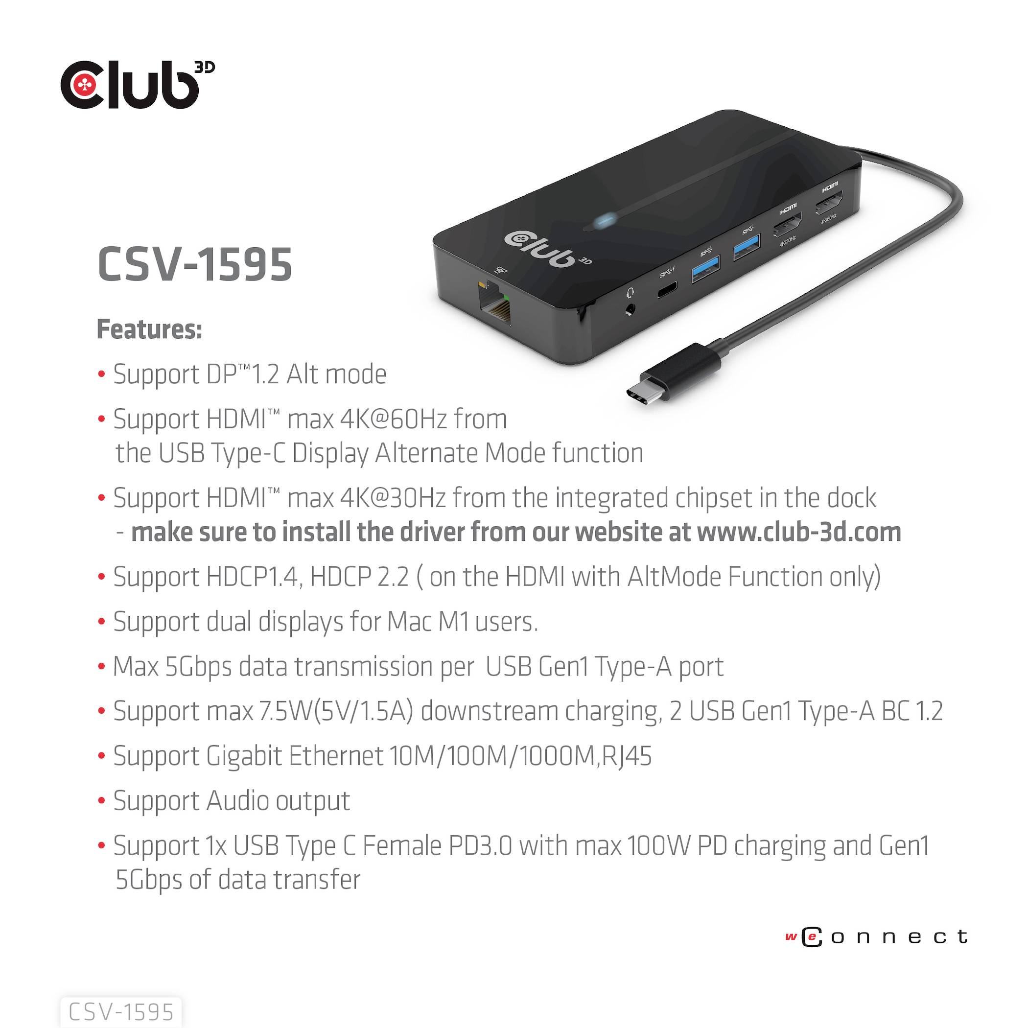 Stacja dokująca USB-C firmy Club3D, model CSV-1595. Obsługuje tryb DP Alt, HDMI do 4K, zasilanie USB-C PD, Gigabit Ethernet, audio.