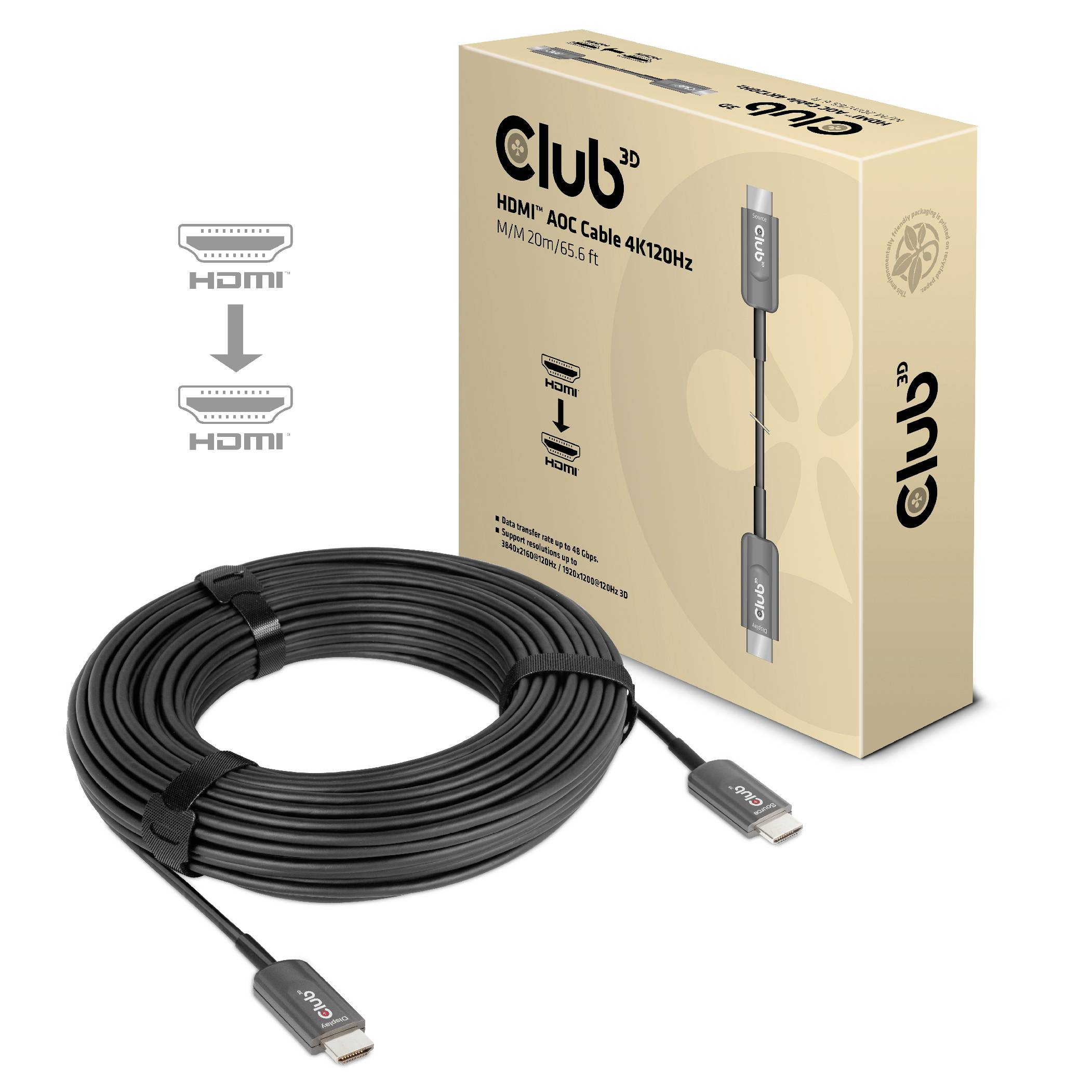 Opakowanie i nawinięty kabel HDMI AOC firmy Club3D, 20m, obsługujący 4K przy 120Hz. Kabel z wtyczkami HDMI po obu stronach.