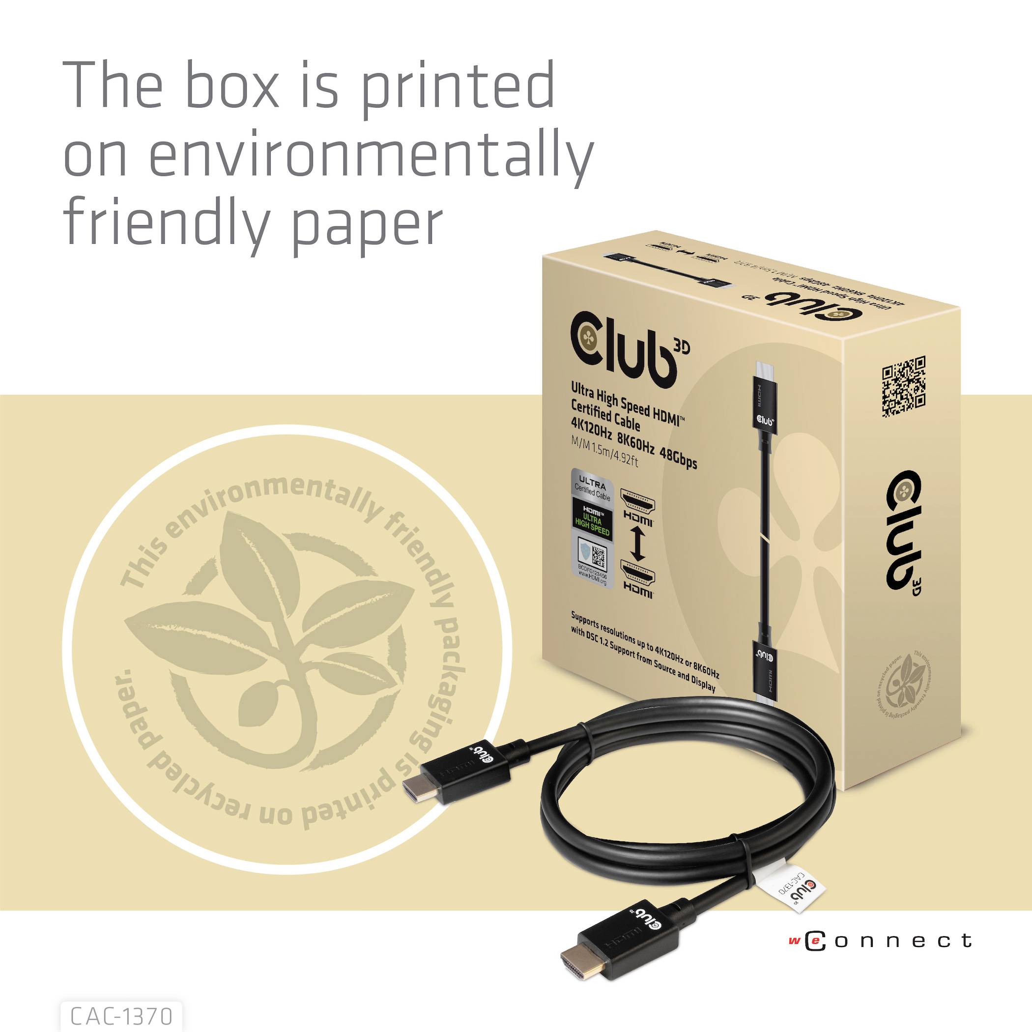 Karton jest wykonany z przyjaznego środowisku papieru. Na ilustracji przedstawiono opakowanie kabla HDMI z fotografią kabla i logo ekologicznym.