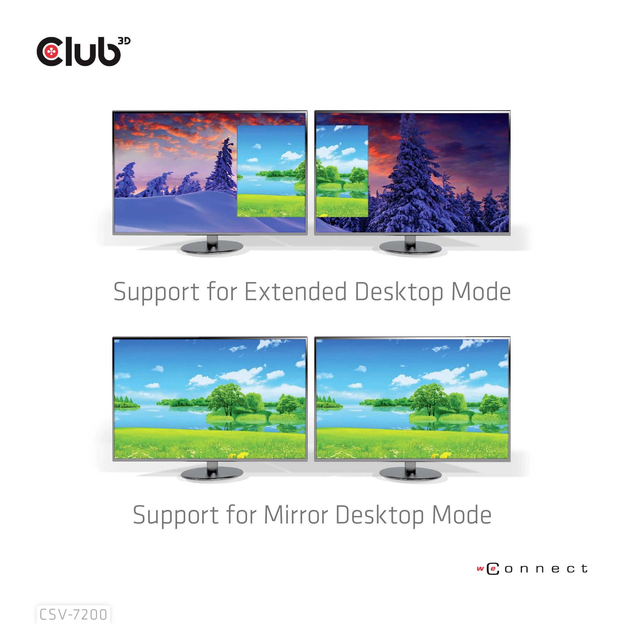 Dwa monitory u góry pokazują rozszerzony tryb pulpitu z różnymi treściami, na dole tryb lustrzany z identyczną zawartością.