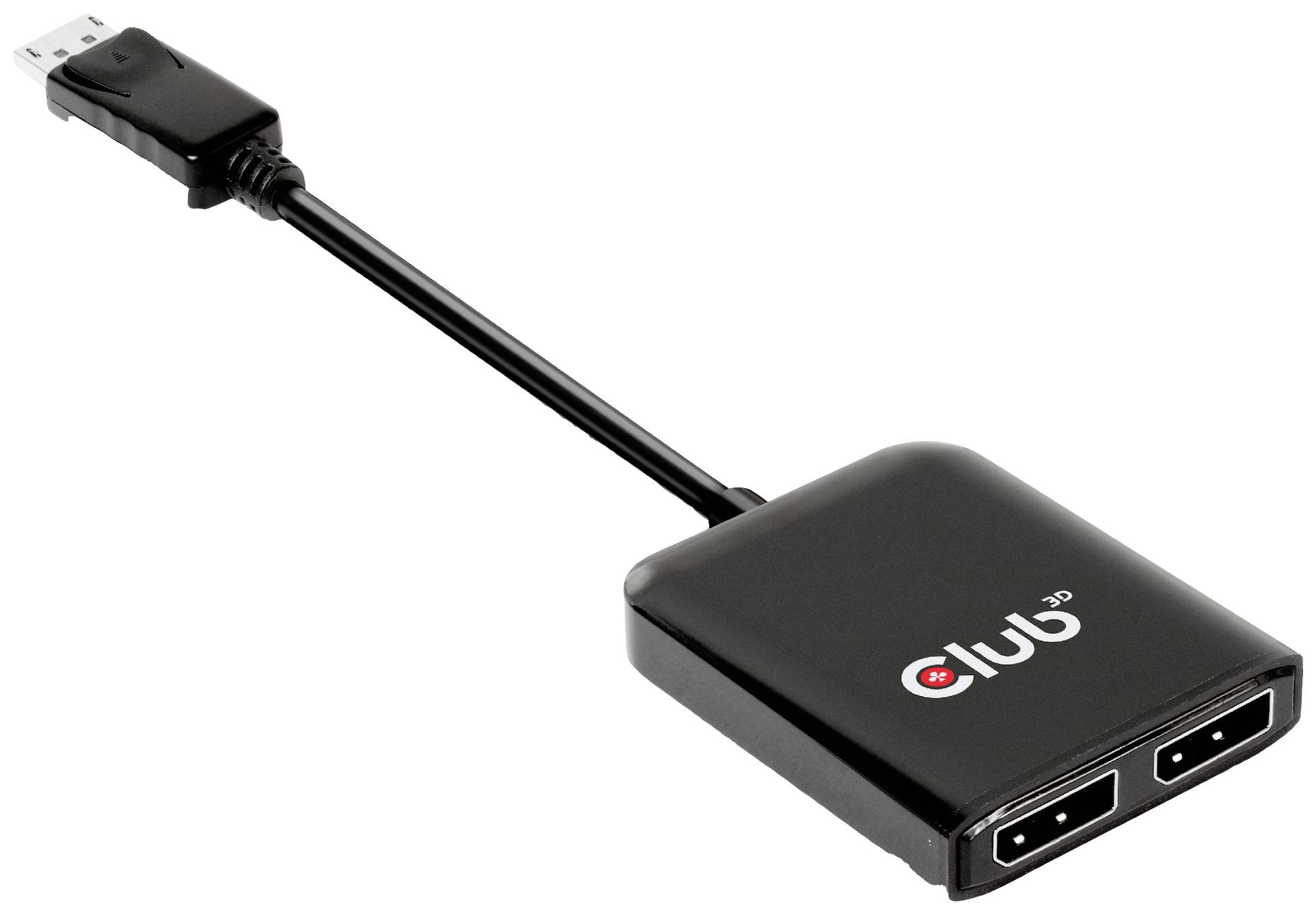 Czarny adapter z wtyczką HDMI na jednym końcu kabla oraz dwoma portami HDMI na prostokątnej obudowie z nadrukiem logo.