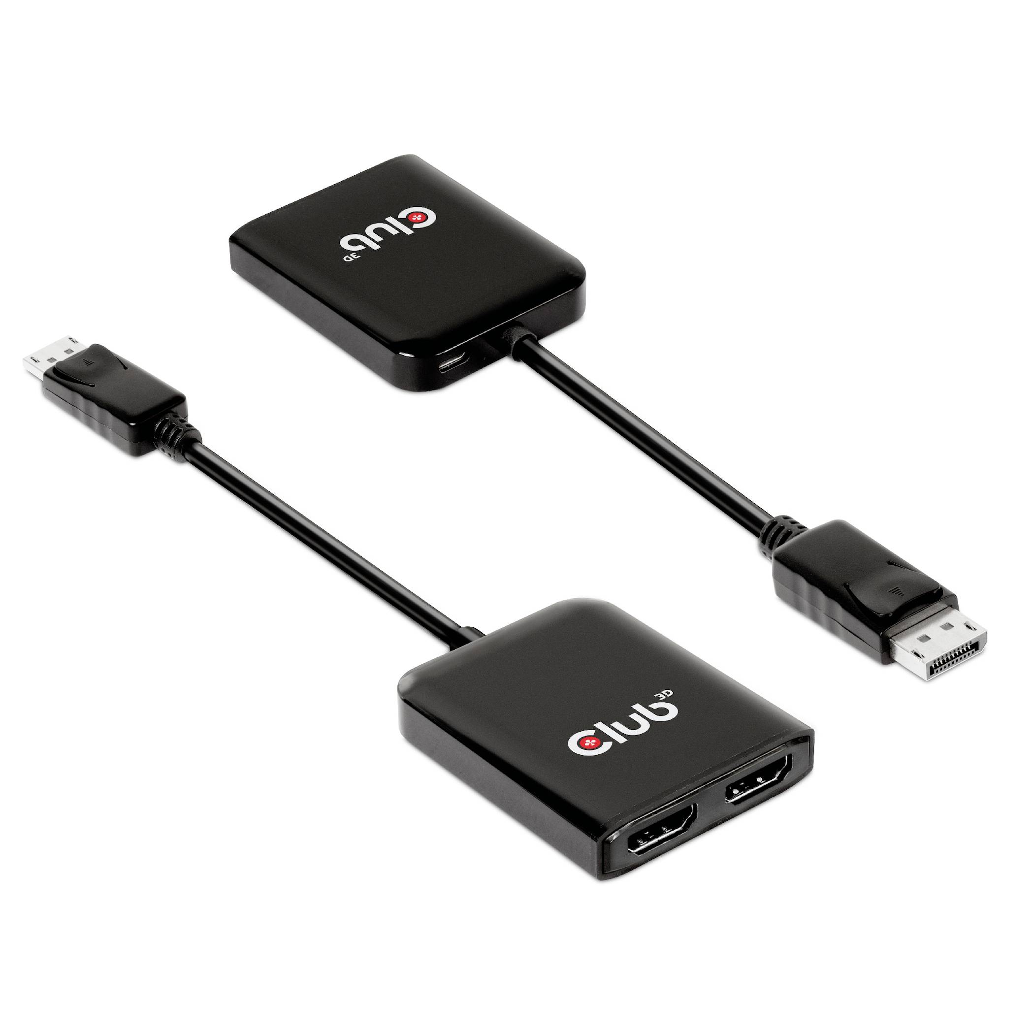 Dwa czarne adaptery z przewodami: jeden z wyjściem DisplayPort, drugi z wyjściem Mini-DisplayPort. Oba adaptery posiadają wyjścia HDMI.