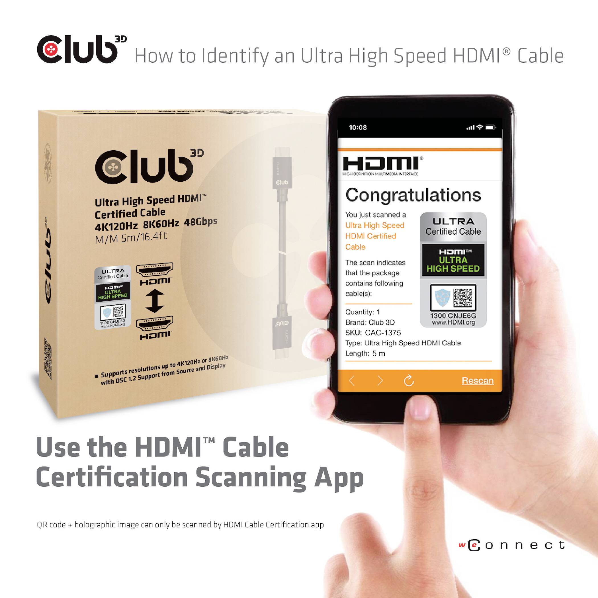 Opakowanie kabla HDMI Club 3D Ultra High Speed oraz smartfon z aplikacją 'HDMI Certified Cable' pokazujące instrukcję certyfikacji kabla.