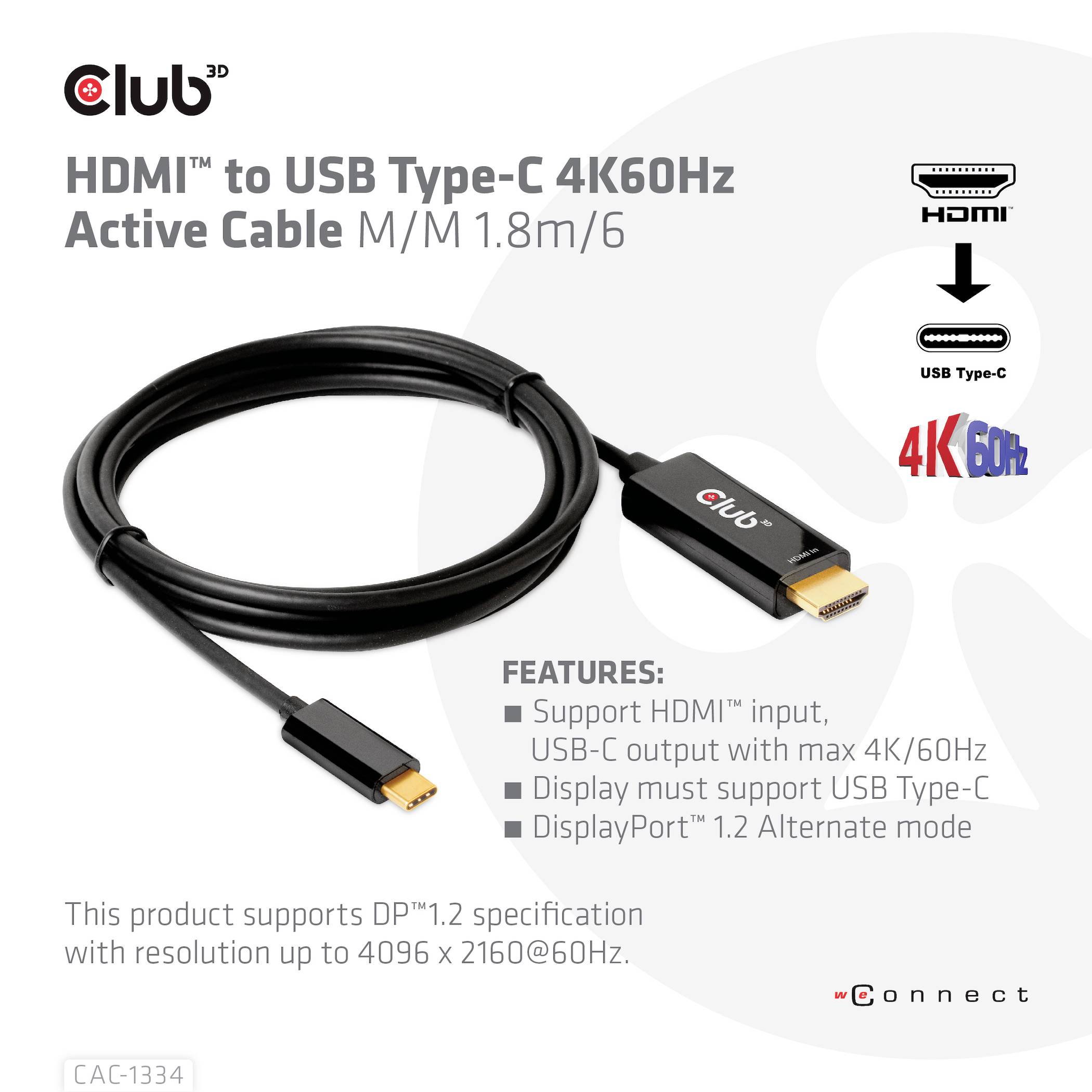 Kabel HDMI-USB Type-C 4K60Hz, 1,8 m, czarny. Obsługuje HDMI 2.0 i USB Type-C. Funkcje: DisplayPort 1.2, tryby alternatywne.
