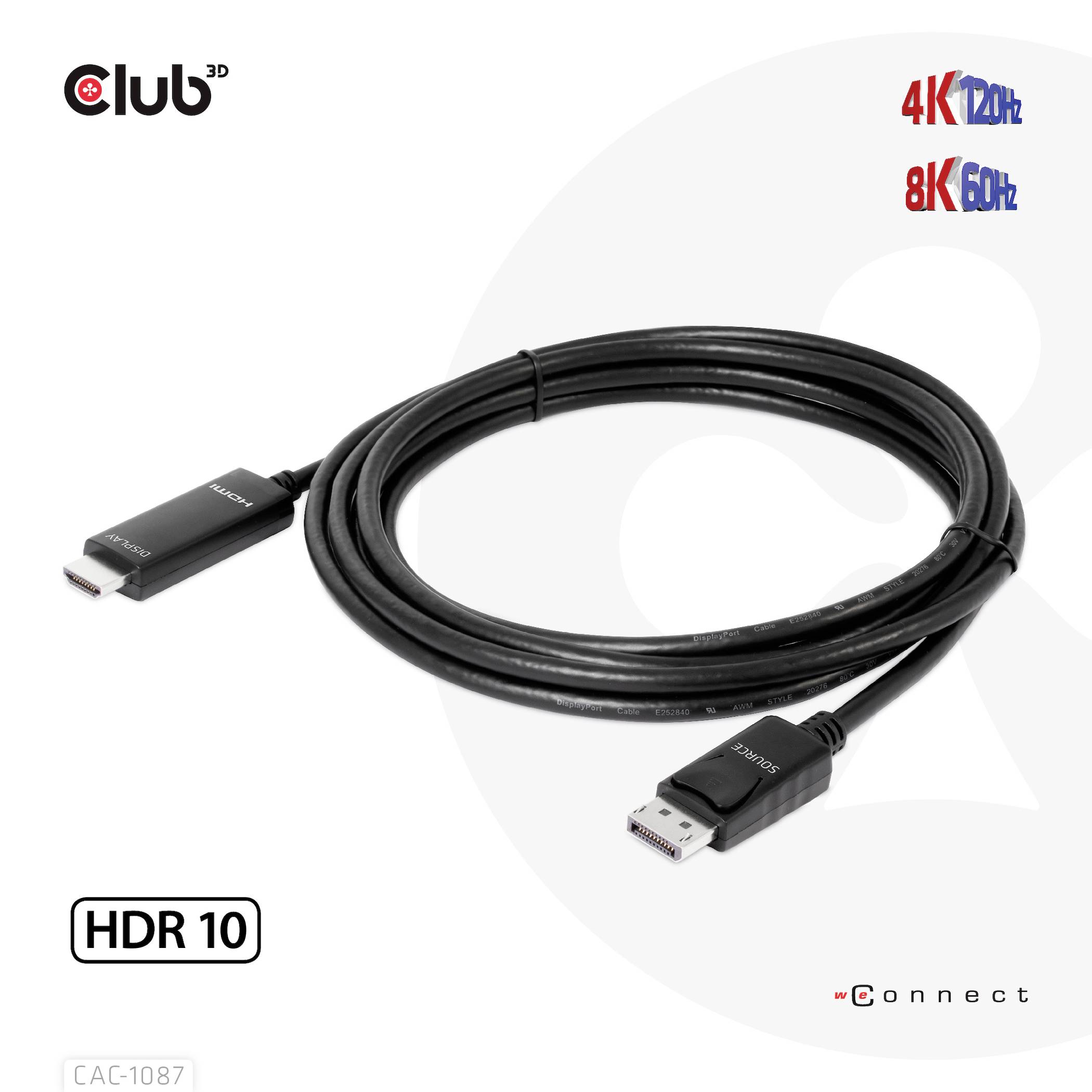 Kabel Club3D USB-C do HDMI. Obsługuje 4K przy 120 Hz i 8K przy 60 Hz. Kompatybilny z HDR10. Czarny kabel o długości około 1,8 metra.