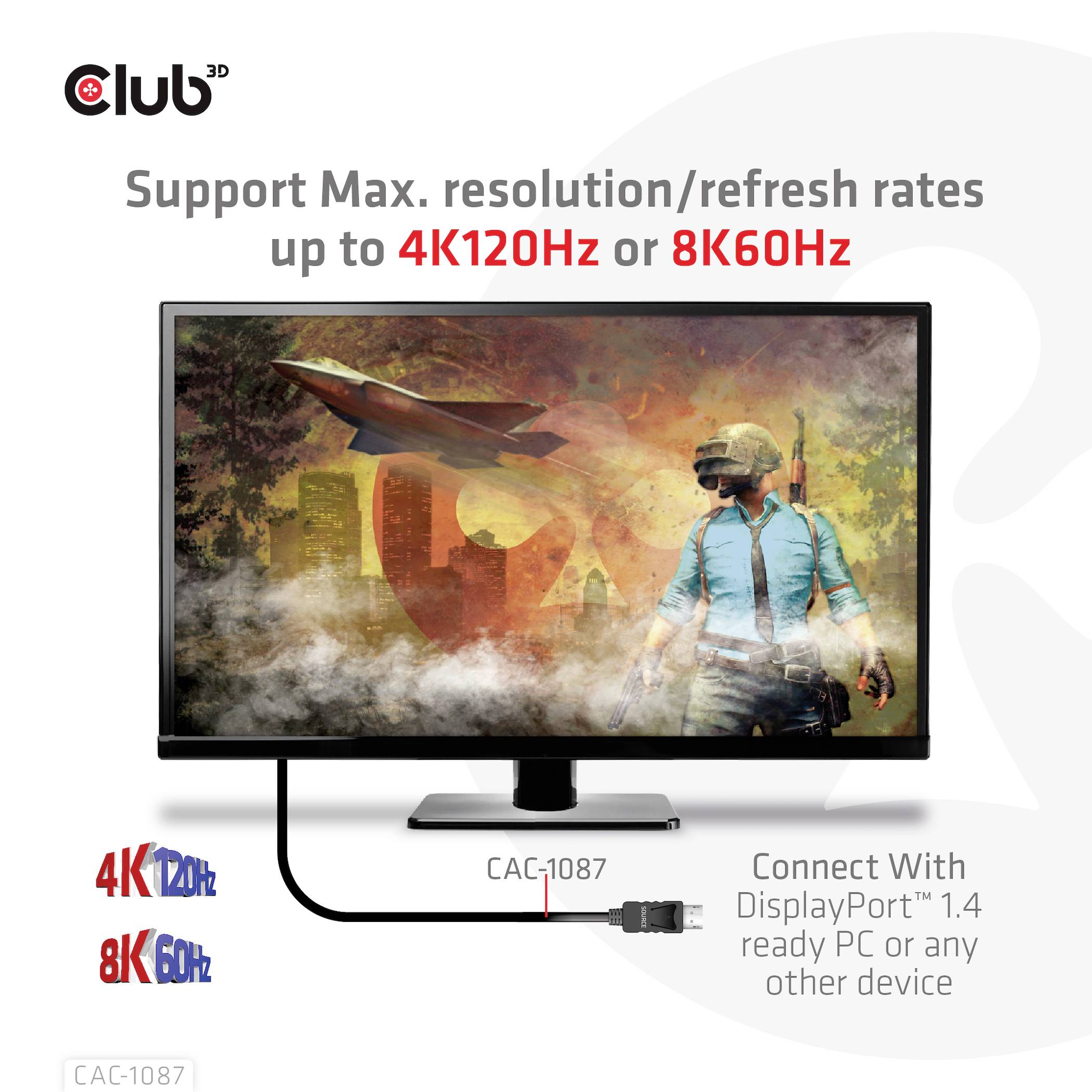 Monitor z mężczyzną i rakietą na ekranie. Tekst: 'Obsługuje maks. rozdzielczość/częstotliwość odświeżania do 4K120Hz lub 8K60Hz'.