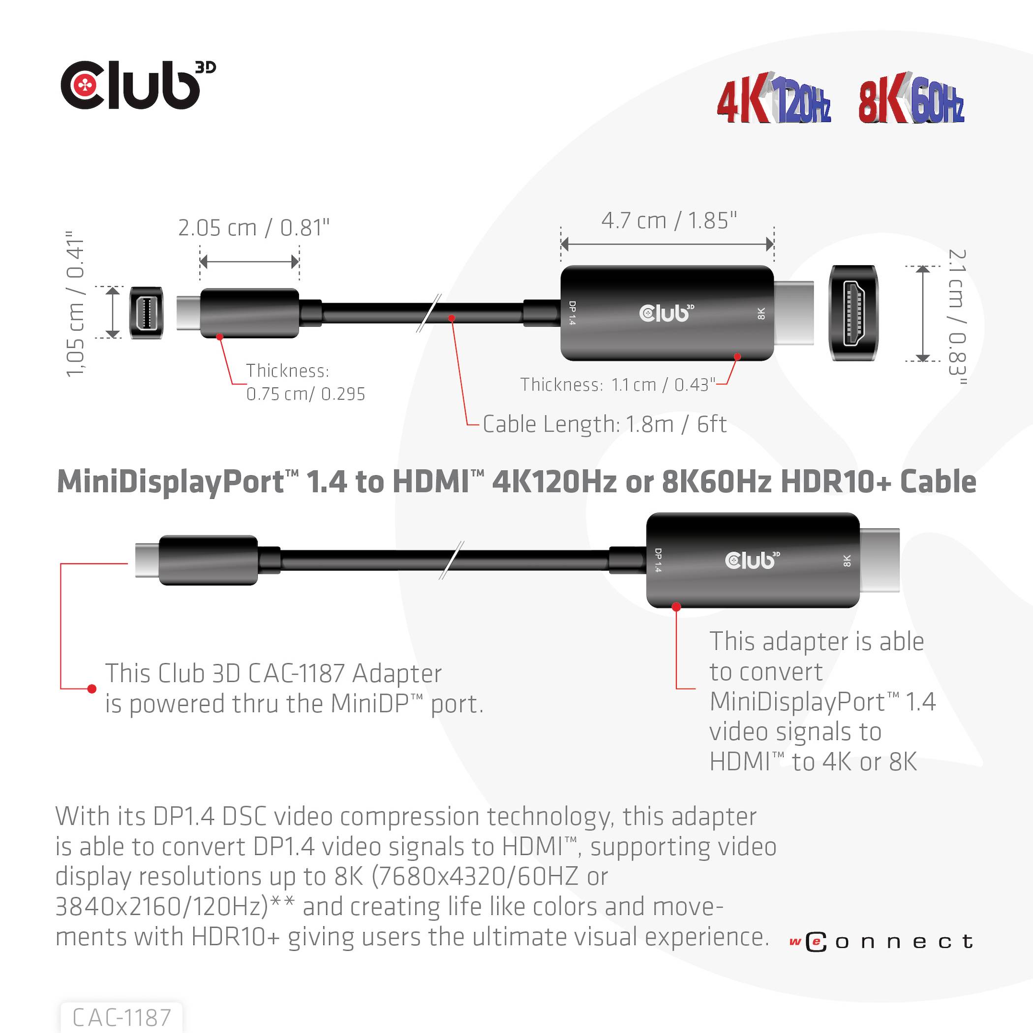 Adapter Club 3D z MiniDisplayPort na HDMI, obsługujący 4K do 120Hz i 8K przy 60Hz. Przedstawia wymiary i funkcje poprawiające jakość wideo.