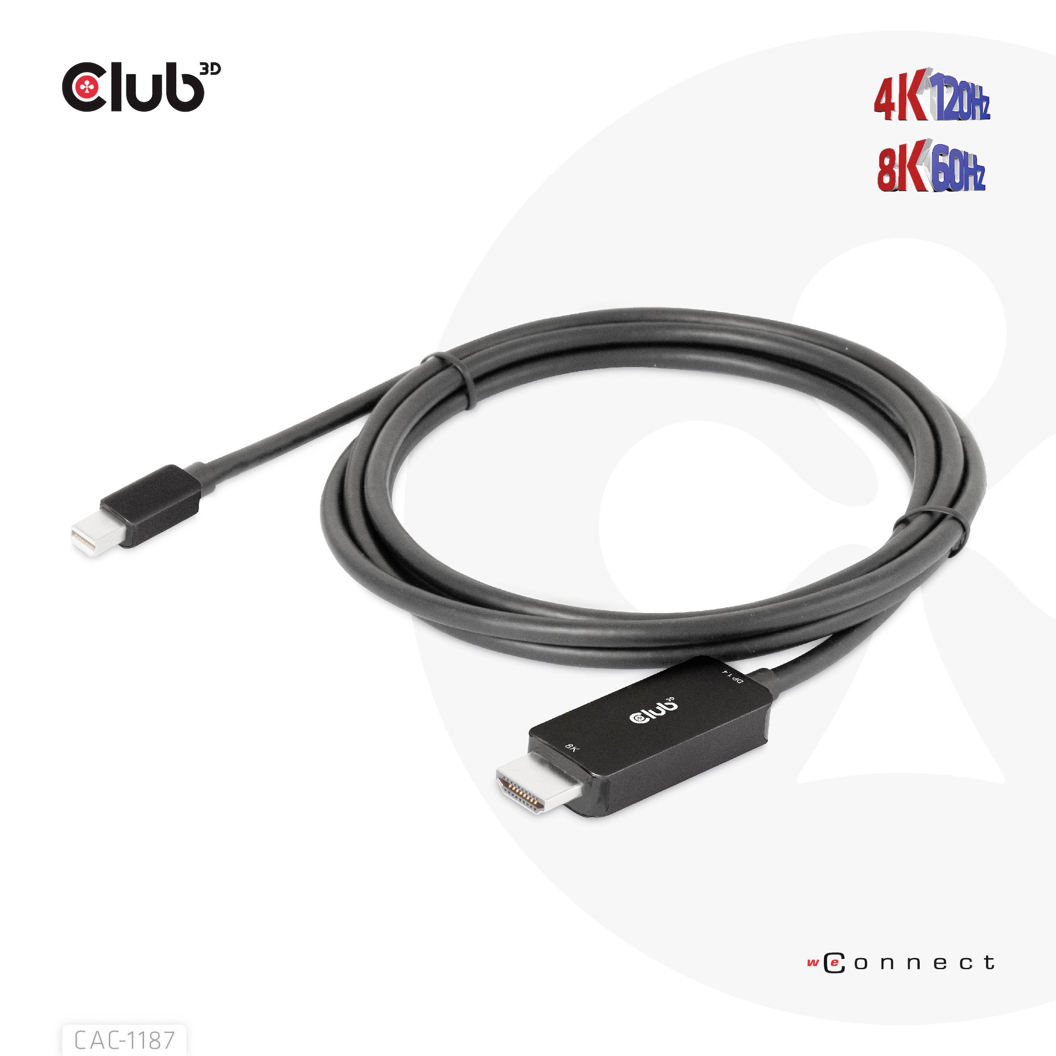 Czarny kabel HDMI z końcówką USB-C. Na tekście widnieje '4K 120Hz' oraz '8K 60Hz', wskazujące na obsługiwane rozdzielczości.