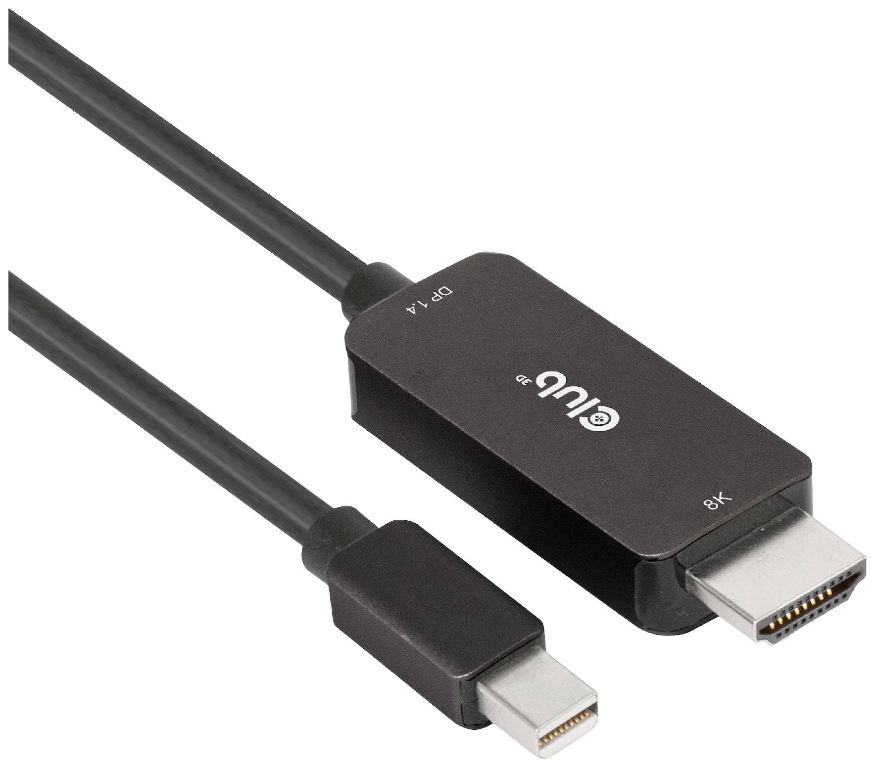 Czarny kabel z Mini-DisplayPort do HDMI, odpowiedni do transmisji 8K. Napis na wtyczce HDMI: '8K'.