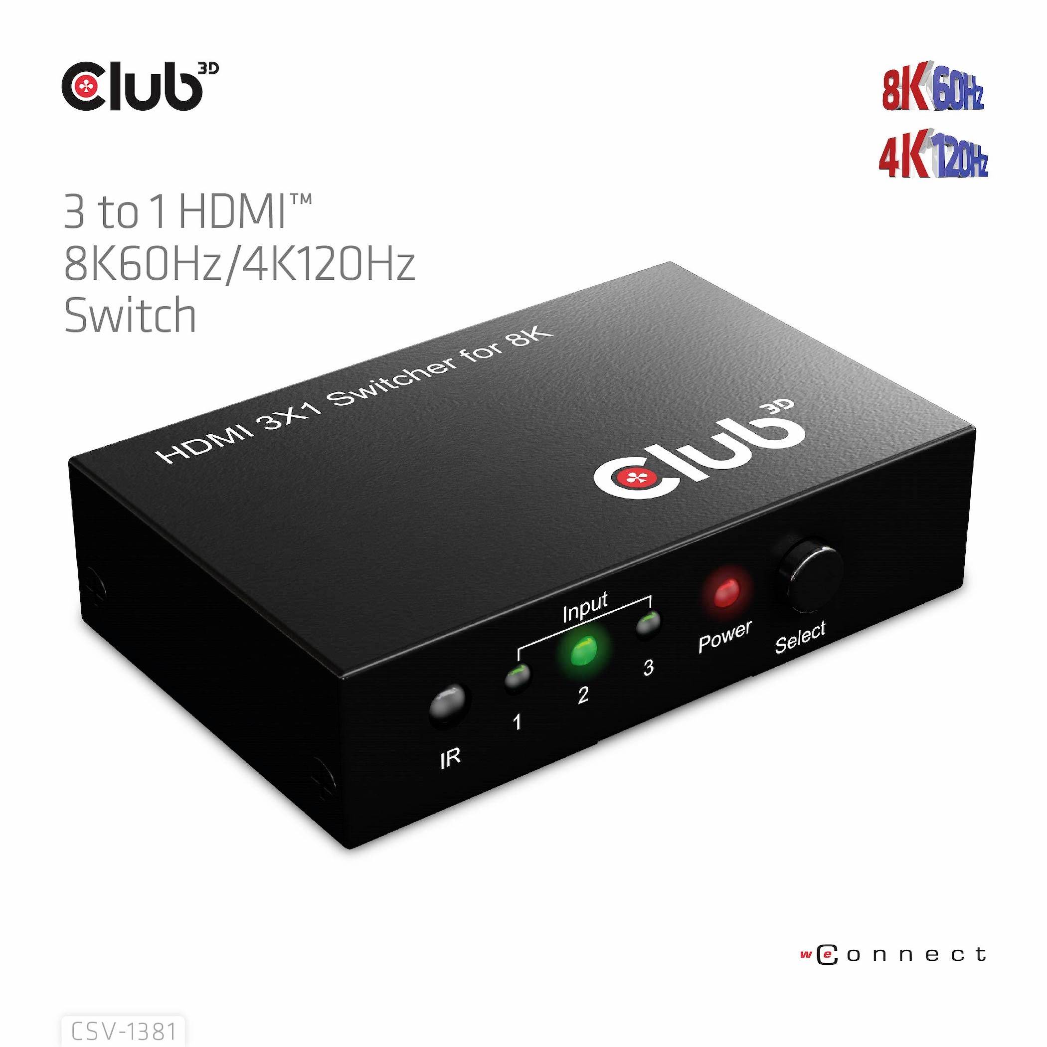Przełącznik HDMI łączy trzy wejścia z jednym wyjściem. Obsługuje rozdzielczość 8K przy 60 Hz oraz 4K przy 120 Hz. Znak towarowy 'Club'.