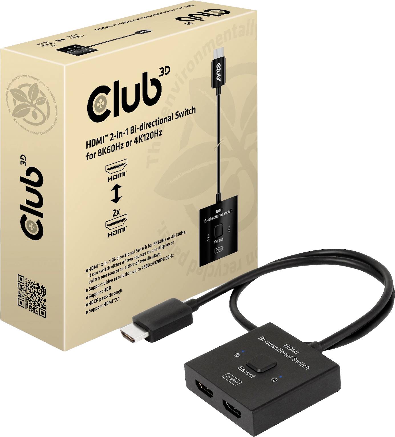 Dwukierunkowy przełącznik HDMI 2-w-1 firmy Club 3D, obsługujący rozdzielczość 8K60Hz lub 4K120Hz, wraz z opakowaniem produktu.