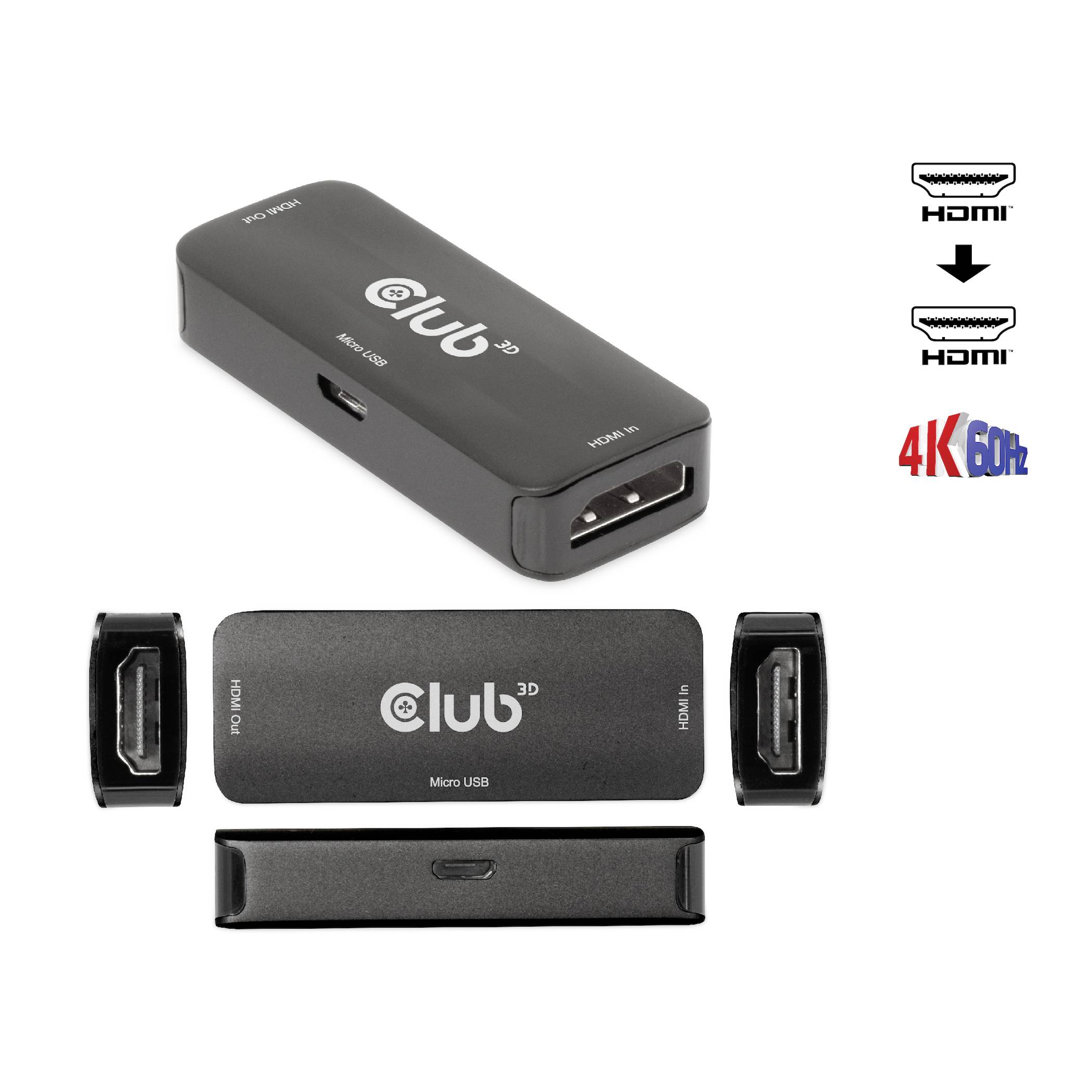 Czarny adapter HDMI firmy Club 3D, pokazujący złącza HDMI oraz obsługę rozdzielczości 4K przy 60 Hz.