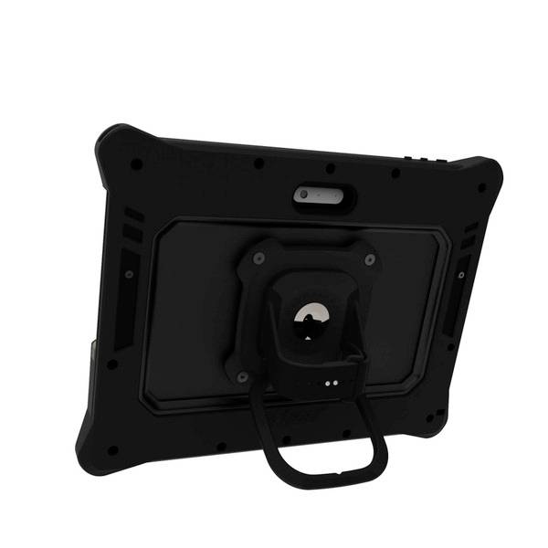 Tylna strona wytrzymałego tabletu z uchwytem i kamerą, przeznaczonego do użytku w wymagających środowiskach.