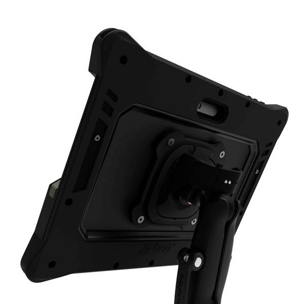 Widok z tyłu czarnego tabletu zamontowanego na regulowanym statywie.