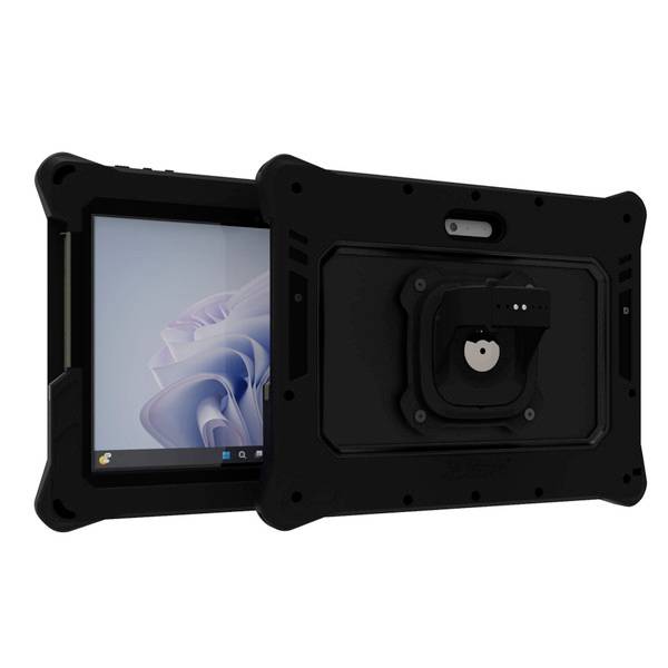 Dwa wytrzymałe tablety w czarnych obudowach, jeden sfotografowany z przodu z uruchomionym systemem operacyjnym, drugi pokazujący tył z uchwytem.
