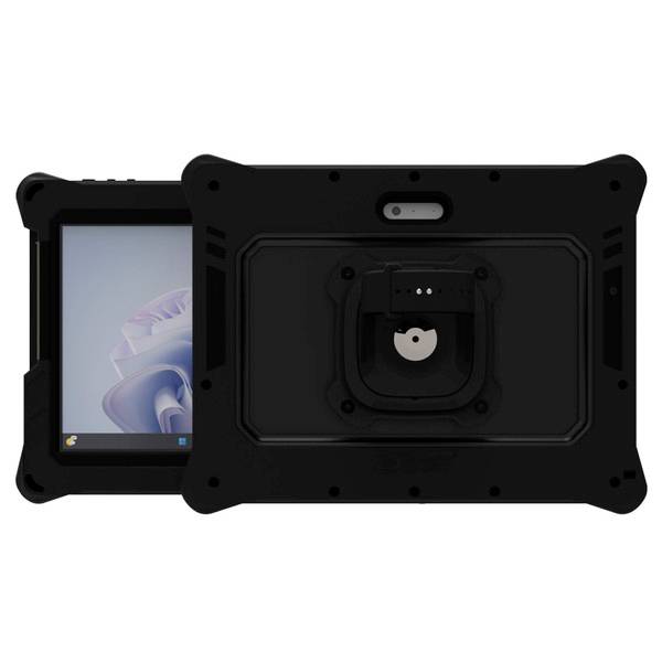 Czarny, wytrzymały tablet z ramką ochronną, widok z przodu i tyłu. Ekran wyświetla symbole interfejsu użytkownika. Odpowiedni do wymagających środowisk.