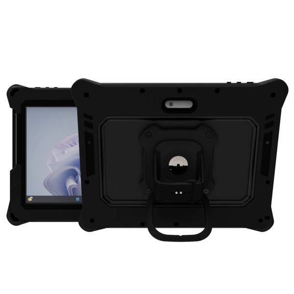 Solidny tablet w wytrzymałej obudowie ochronnej, przedstawiony z przodu i z tyłu, podkreślający trwałość do stosowania w wymagających środowiskach.