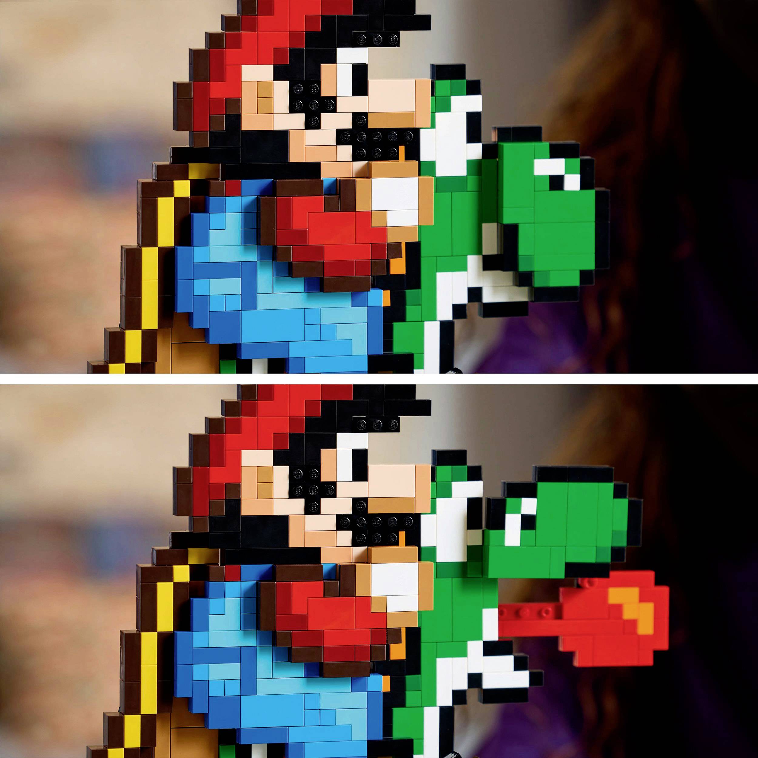 Figura LEGO przedstawia znany postać z gry wideo jadącą na dinozaurze. Góra neutralna, dół pokazuje dinozaura ziającego ogniem.