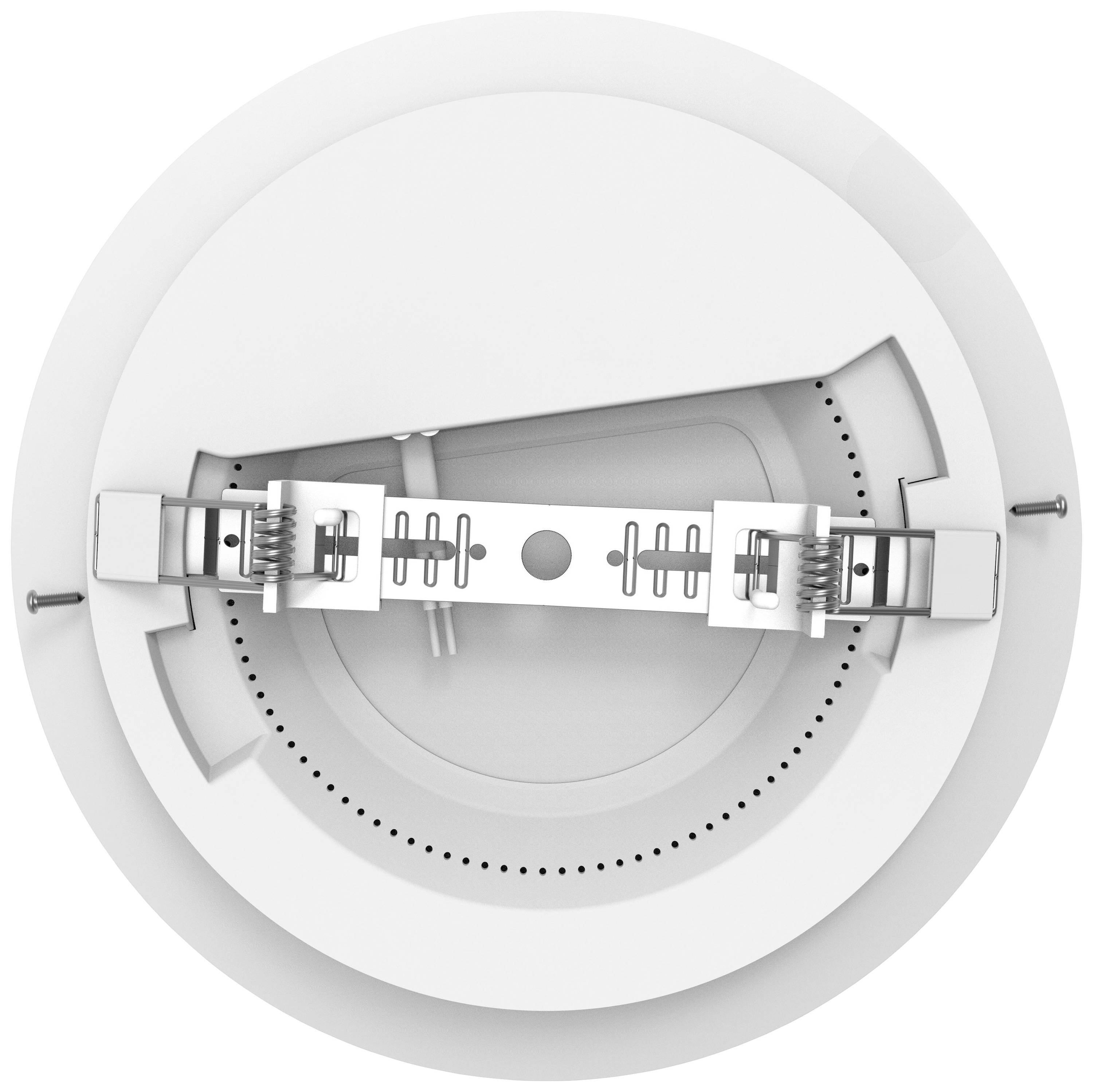 Lampa sufitowa widziana z góry, ukazująca szczeliny montażowe i śruby do instalacji.