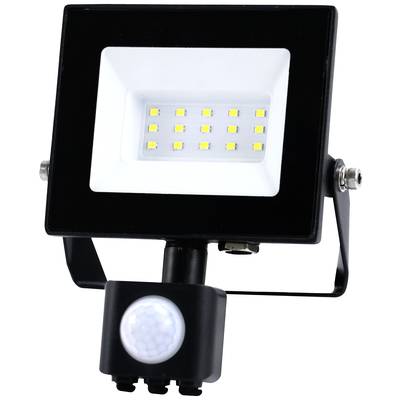 Reflektor LED z czujnikiem ruchu, prostokątna czarna obudowa, widoczne multiple diody LED. Odpowiedni do oświetlenia zewnętrznego.