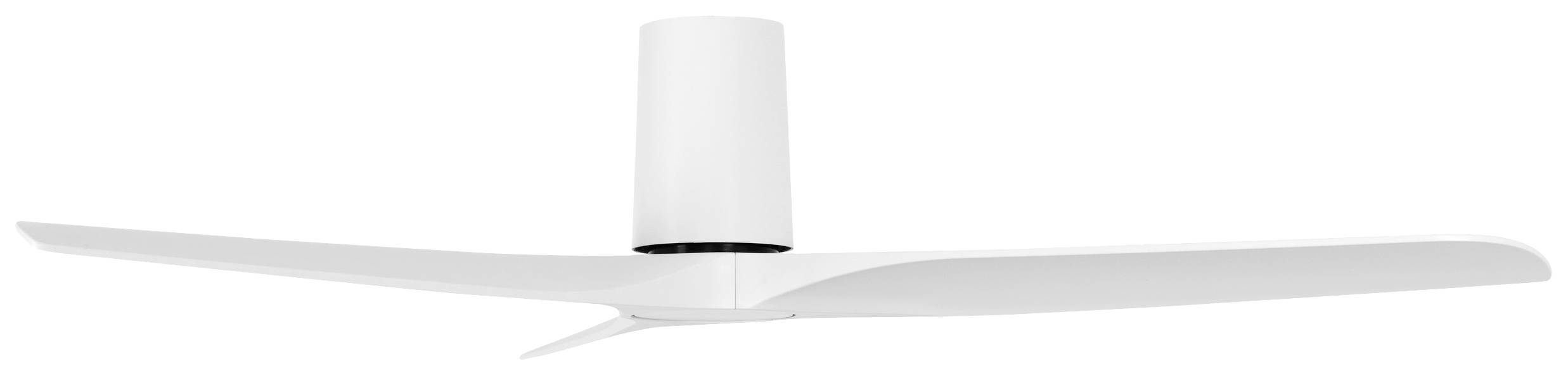 Nowoczesny, biały wentylator sufitowy z dwoma skrzydłami w minimalistycznym stylu, sfotografowany na białym tle.
