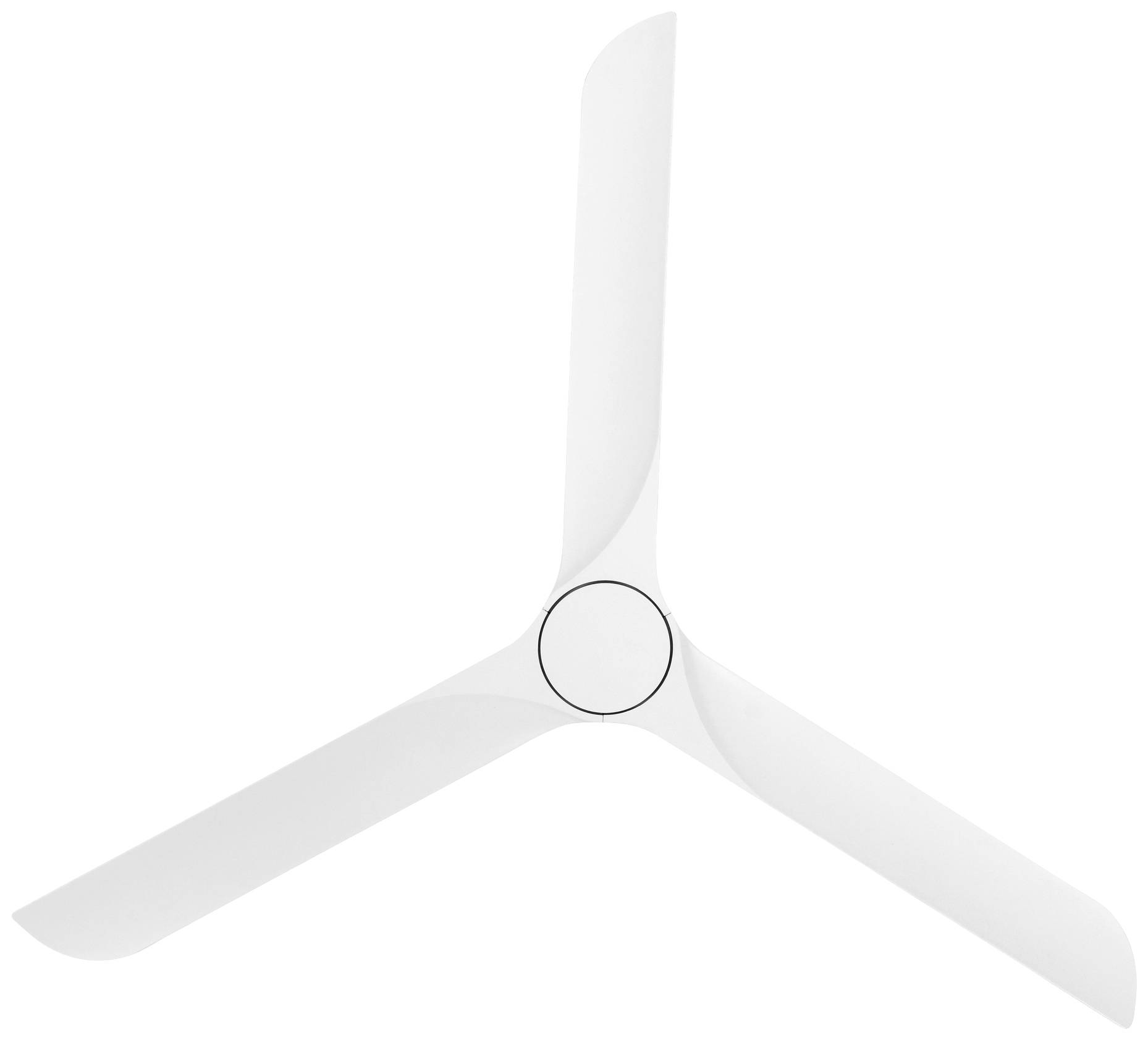 Trójskrzydłowy biały wentylator widoczny na białym tle.
